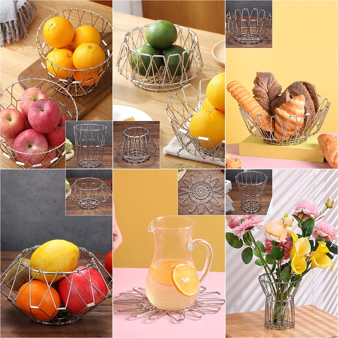Foldable Stainless Steel Wire Fruit Basket - Multipurpose Kitchen Storage Organizer for Fruits, Vegetables, Bread | Durable & Space-Saving | Perfect for Countertop, Pantry, and Dining Table Organization