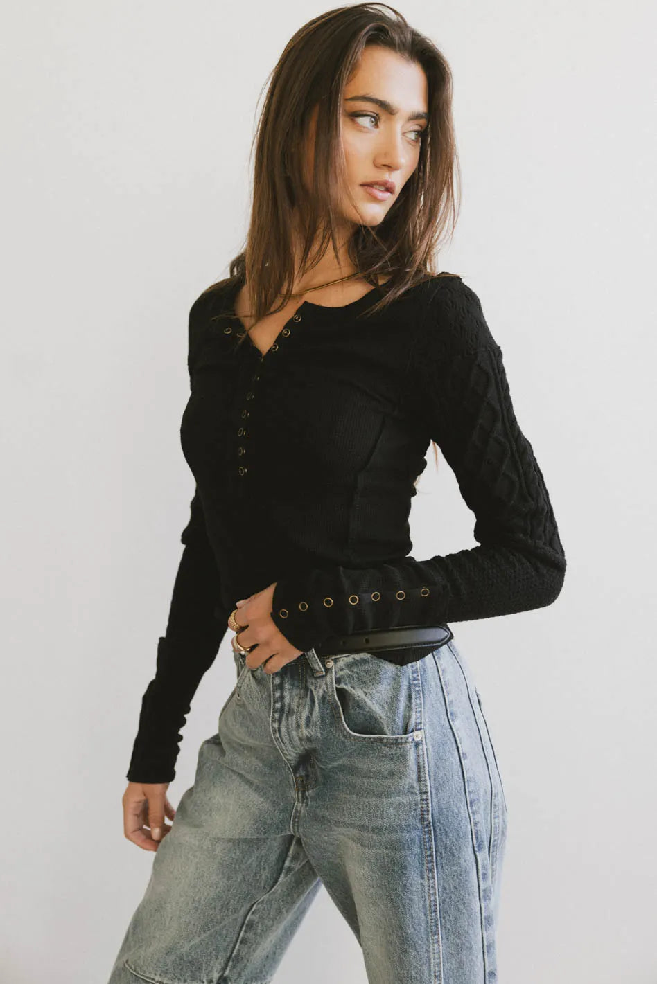 Naomi Cable Knit Sleeve Top - Women's Black Sweater for Fall & Winter | Cozy Casual Wear, Office Outfits, Date Night Fashion