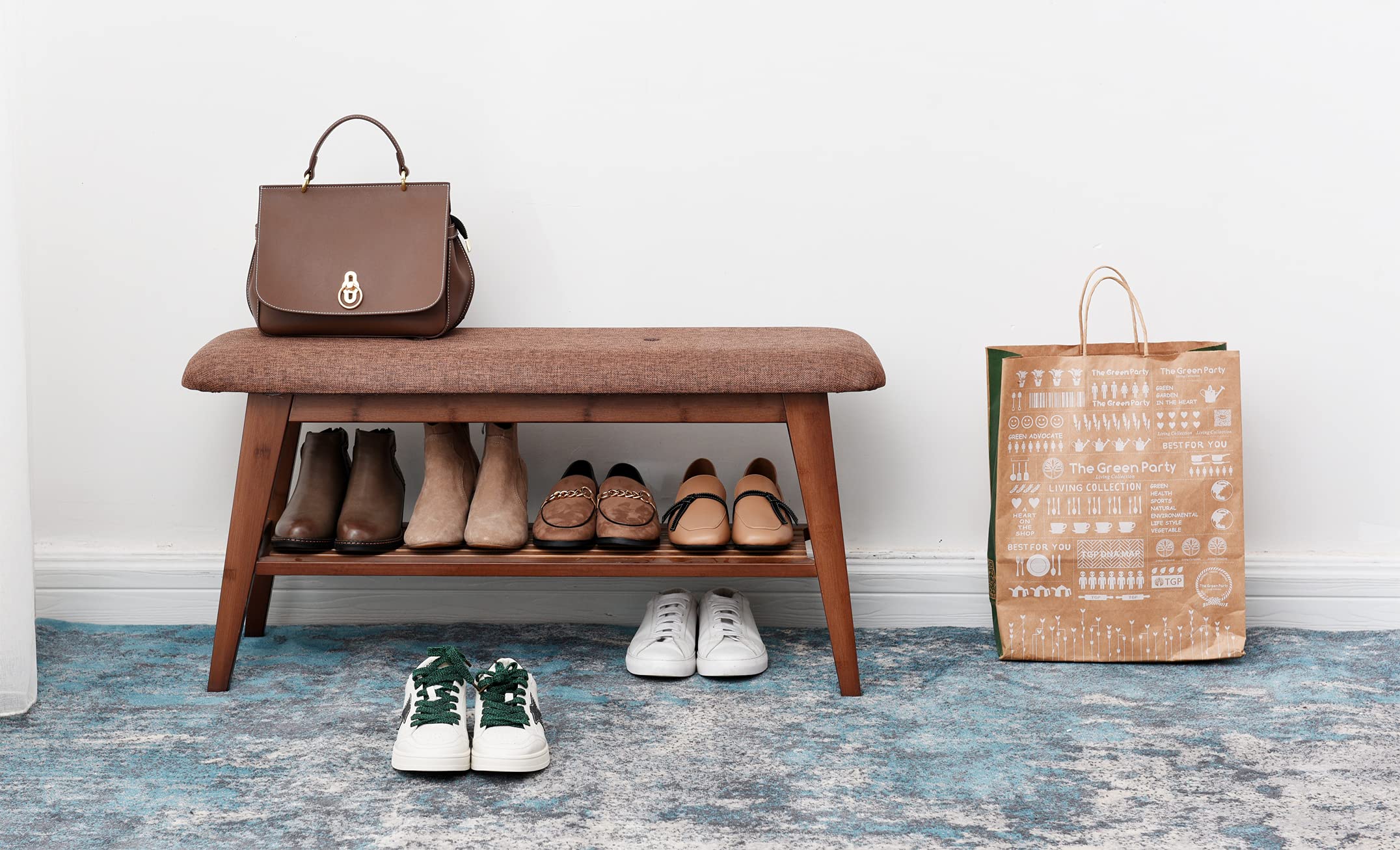 **Bamboo Shoe Rack Bench with 2-Tier Storage - Sturdy Entryway Organizer for Hallway, Living Room & Mudroom - Simple Style, High Load-Bearing (Brown, 35.4 Inches) - Perfect for Small Spaces & Shoe Storage**