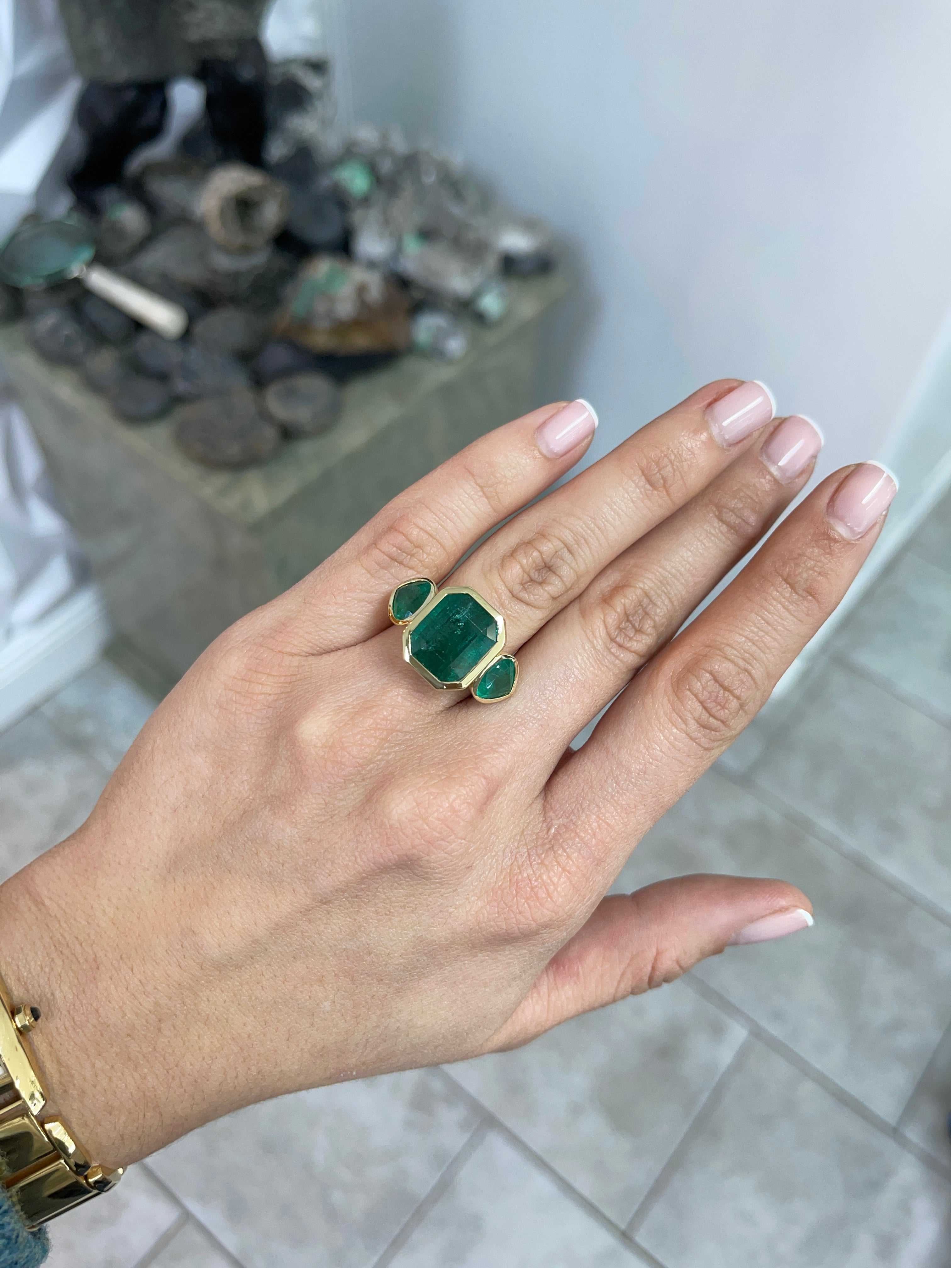 15.44tcw Three Stone Emerald Ring - 11.32 Carat Zambian Emerald with Pear Cut Accents in 18K Gold | Elegant Jewelry for Weddings, Anniversaries & Special Occasions