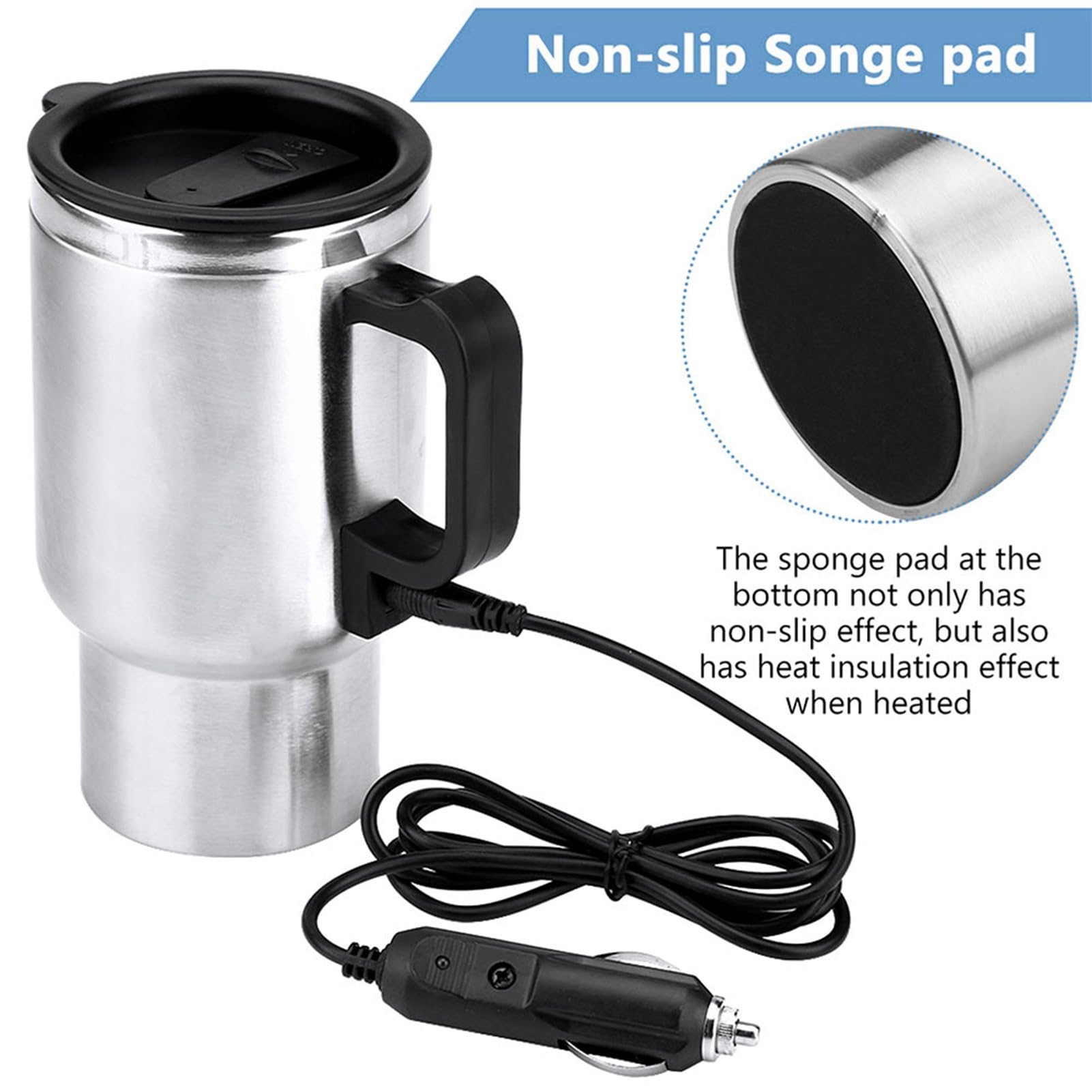 12V 450ml Stainless Steel Car Heating Cup - Electric Travel Mug with Cigarette Lighter Plug for Coffee, Tea & Milk | Portable Heated Water Kettle for Road Trips, Commuting & Camping