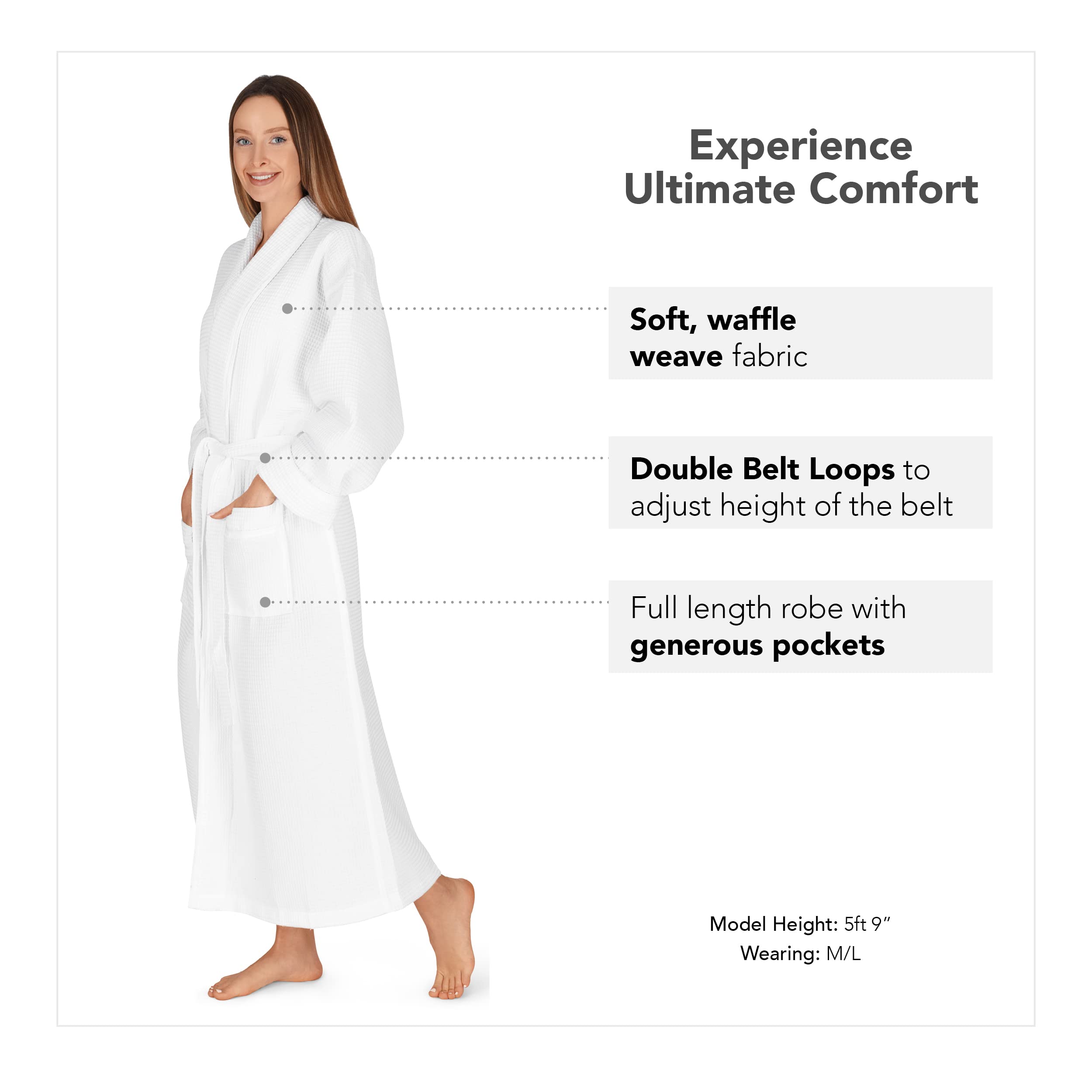 Boca Terry Women's Waffle Knit Robe - Lightweight Full Length Bathrobe with Shawl Collar for Spa, Hotel & Home Relaxation | White