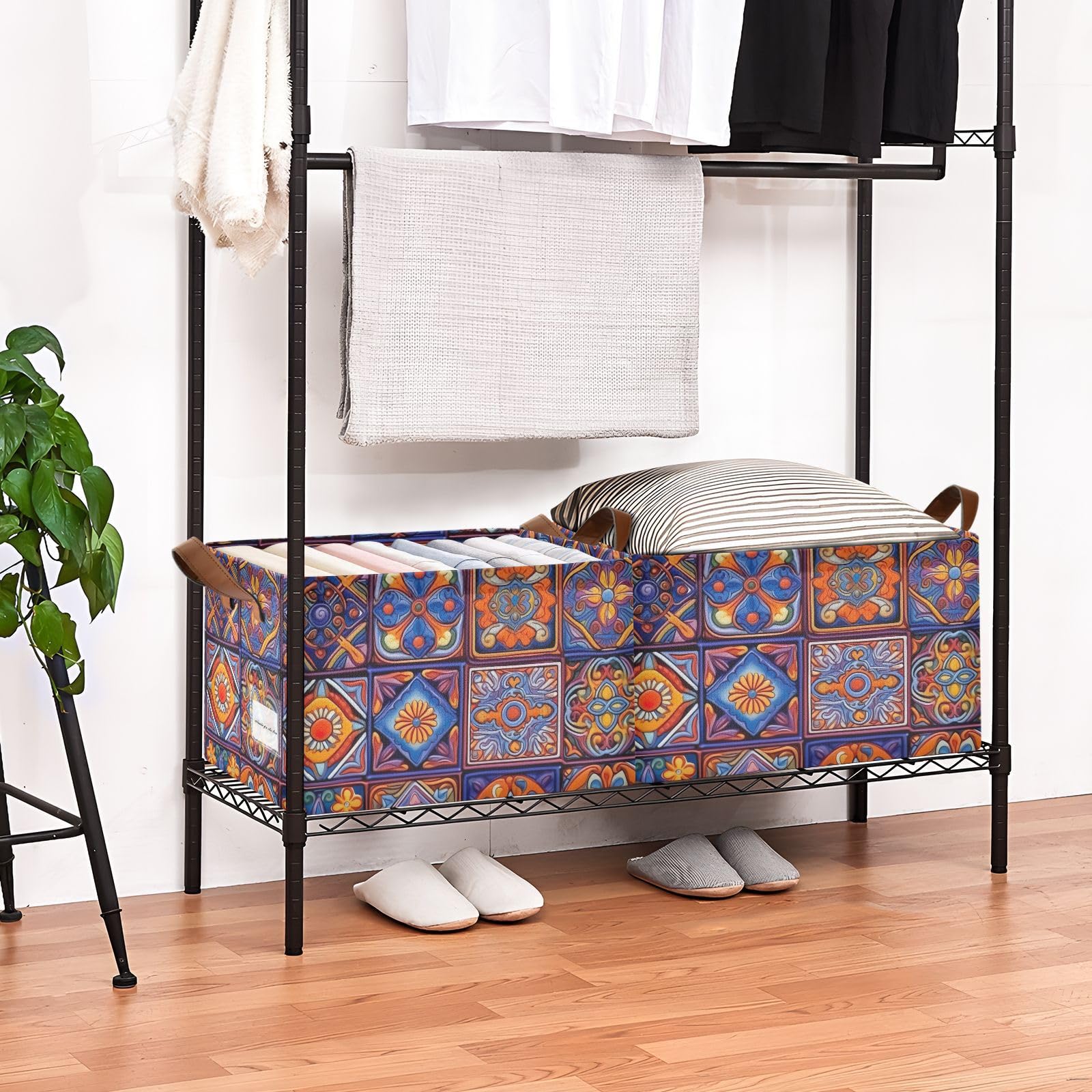 Emelivor Mexican Talavera Blue Storage Bins - Foldable Rectangular Organizer Baskets with Handles for Shelves, Nursery, Closet & Laundry | Perfect for Organizing Toys, Clothes & Home Decor