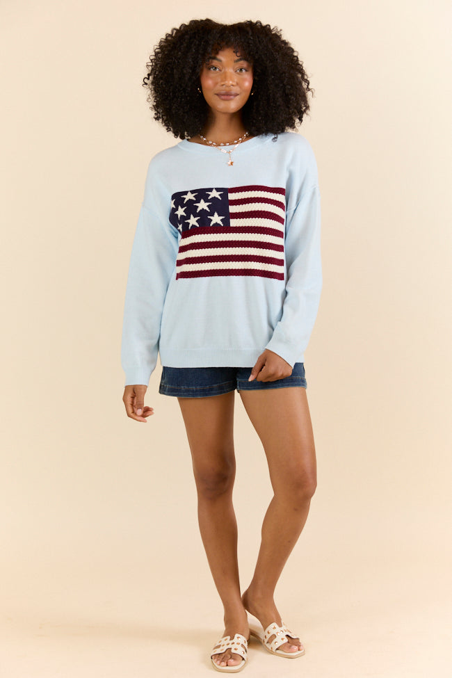 Patriotic Light Blue Textured Flag Sweater - Cozy Knit Pullover for Men & Women - Perfect for 4th of July, Veterans Day & Casual Outings