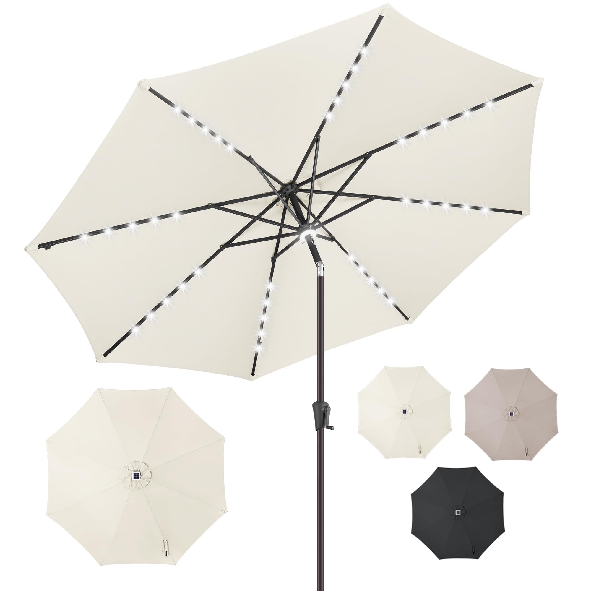 9 ft Solar Powered LED Patio Umbrella with 40 Energy-Efficient Lights - Waterproof Outdoor Market Umbrella for Garden, Poolside, Beach & Backyard - Ivory Sun Shade with Auto-Tilt & Crank Lift