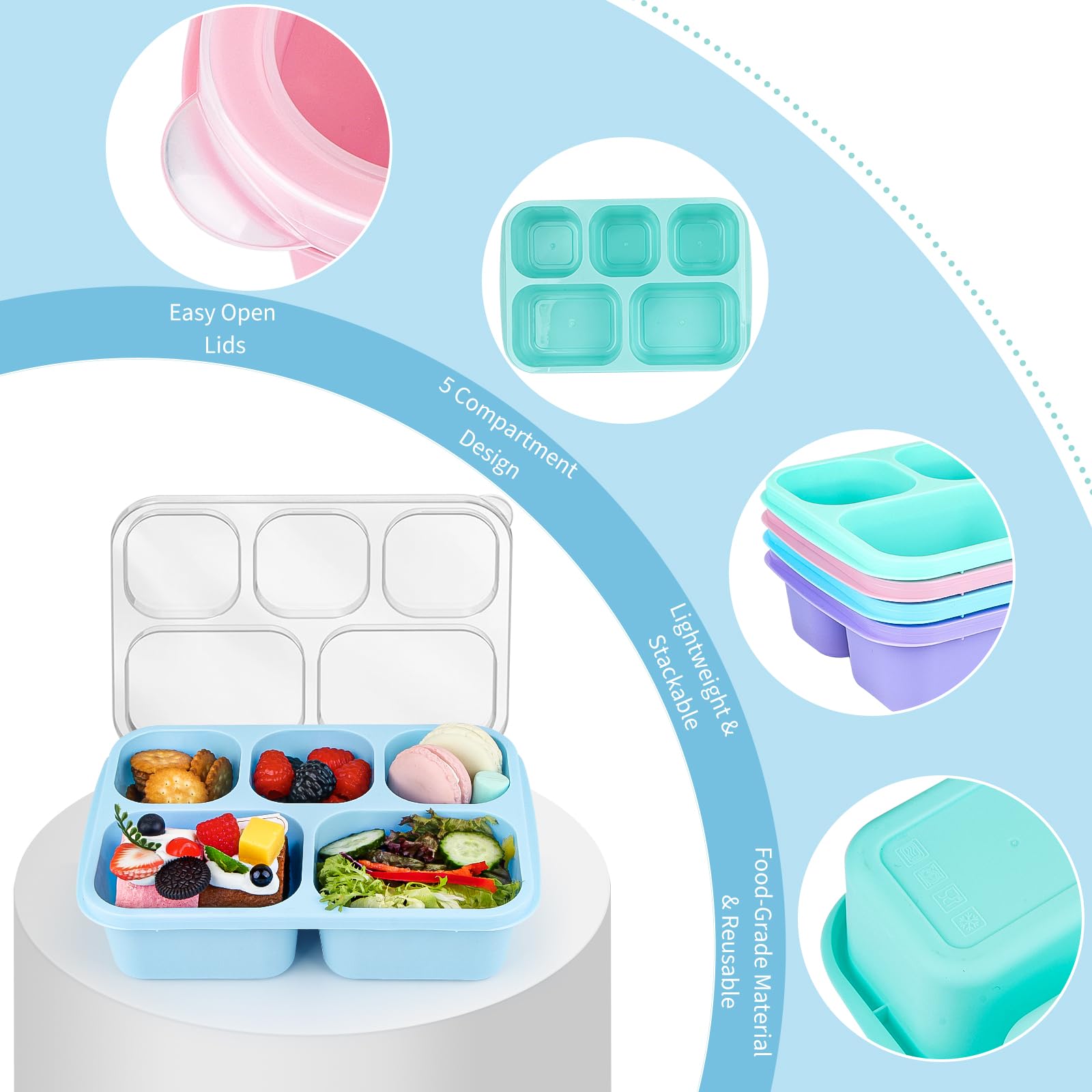 MaMix 5-Compartment Bento Lunch Box for Adults & Kids - Reusable Stackable Food Containers with Utensils (4-Pack, Macarons) - Perfect for School Lunches, Office Meals, Picnics & Travel