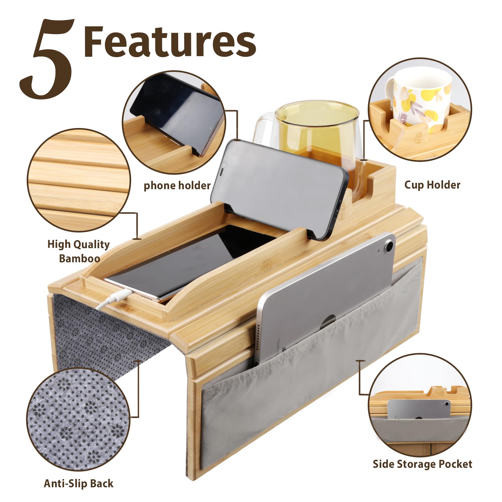 4-in-1 Bamboo Couch Arm Tray with Cup Holder & Storage Pocket - Anti-Slip Sofa Side Table for Drinks, Snacks, Remote & Phone - Perfect for Movie Nights & Relaxing on Your Couch