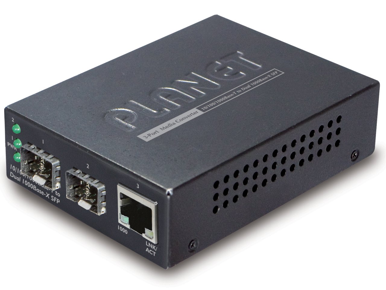 Planet GT-1205A Gigabit Ethernet Media Converter - 1-Port 10/100/1000Base-T to 2-Port 1000FX SFP with DIP Switch | Black Industrial-Grade Network Converter for Office, Data Center & Home Networking
