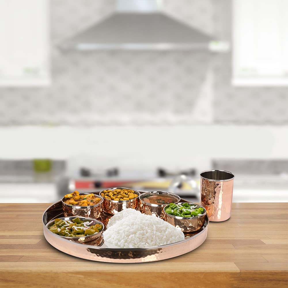 Traditional Indian Stainless Steel & Copper Hammered Thali Set - Includes Plates, Bowls, Glass & Spoon - Elegant Home & Kitchen Serving Tableware for Festivals, Weddings & Daily Dining