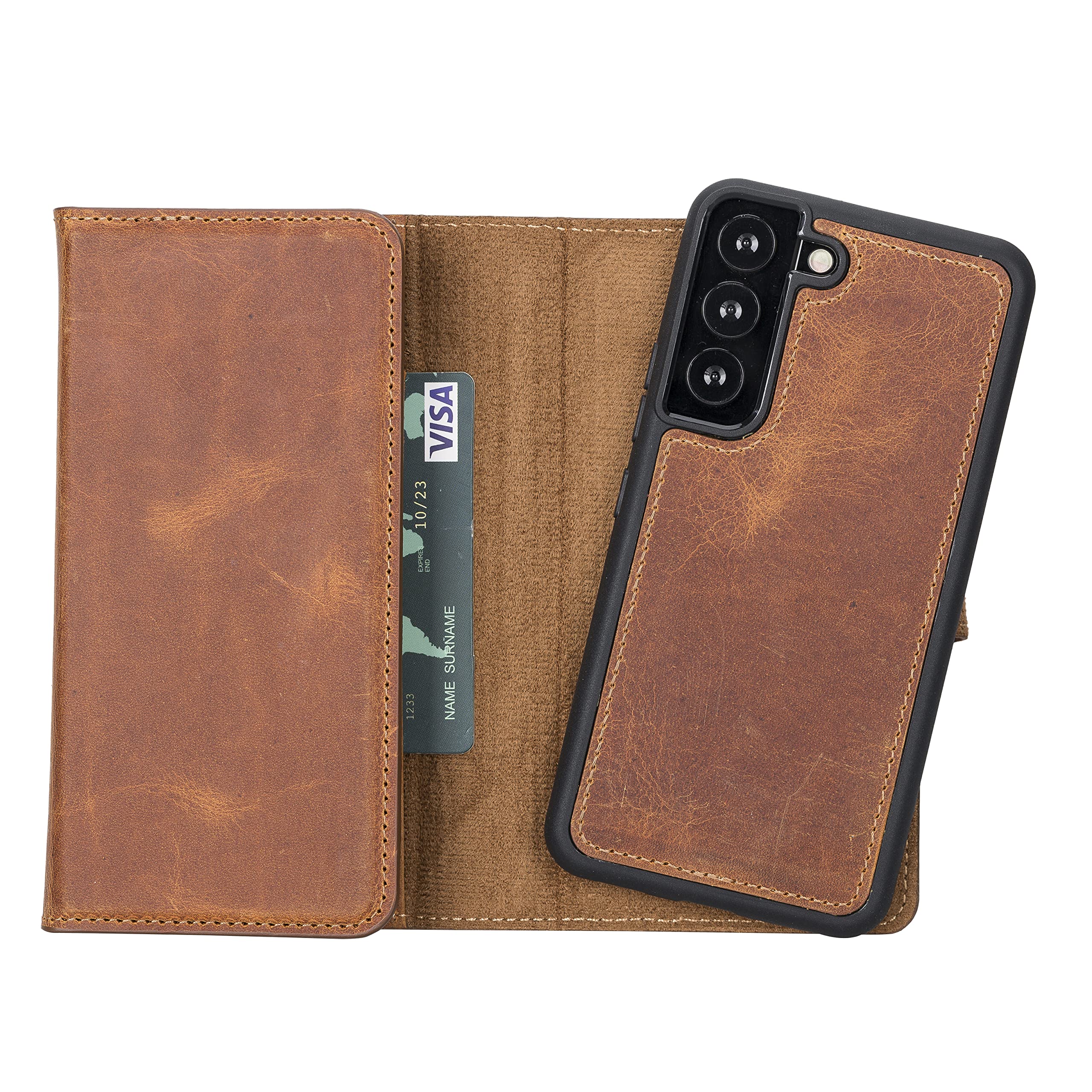 Premium Full Grain Leather Tri-Fold Wallet Case for Samsung Galaxy S22 - 2-in-1 Magnetic Flip Cover with Card Slots & Detachable Durable Frame (Antique Camel) | Perfect for Business, Travel & Everyday Use