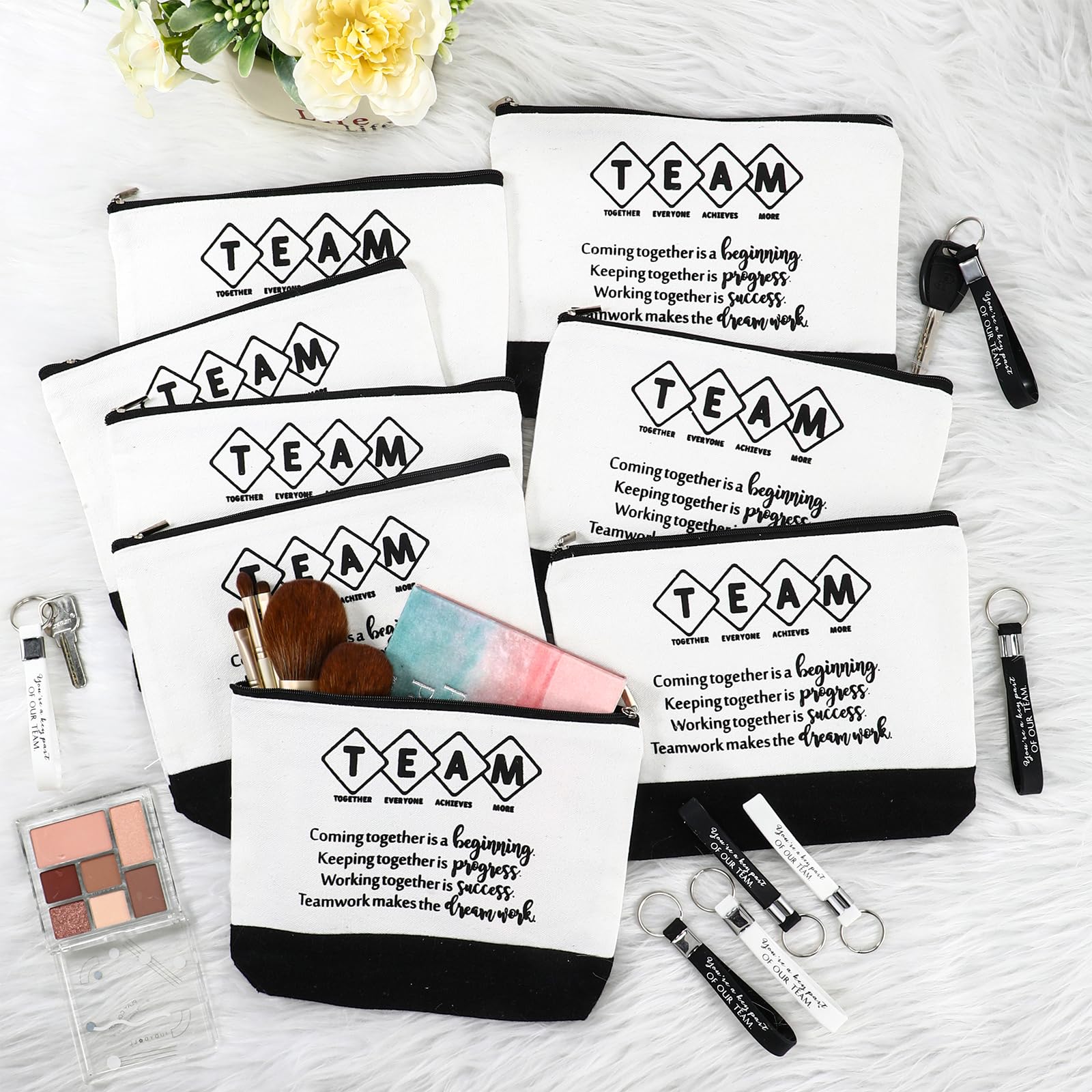48 Pcs Inspirational Canvas Makeup Bags & Keychains Set - Bulk Employee Appreciation Gifts for Women, Teachers & Team Members - Perfect for Corporate Events, Teacher Appreciation Week & Motivational Gifts