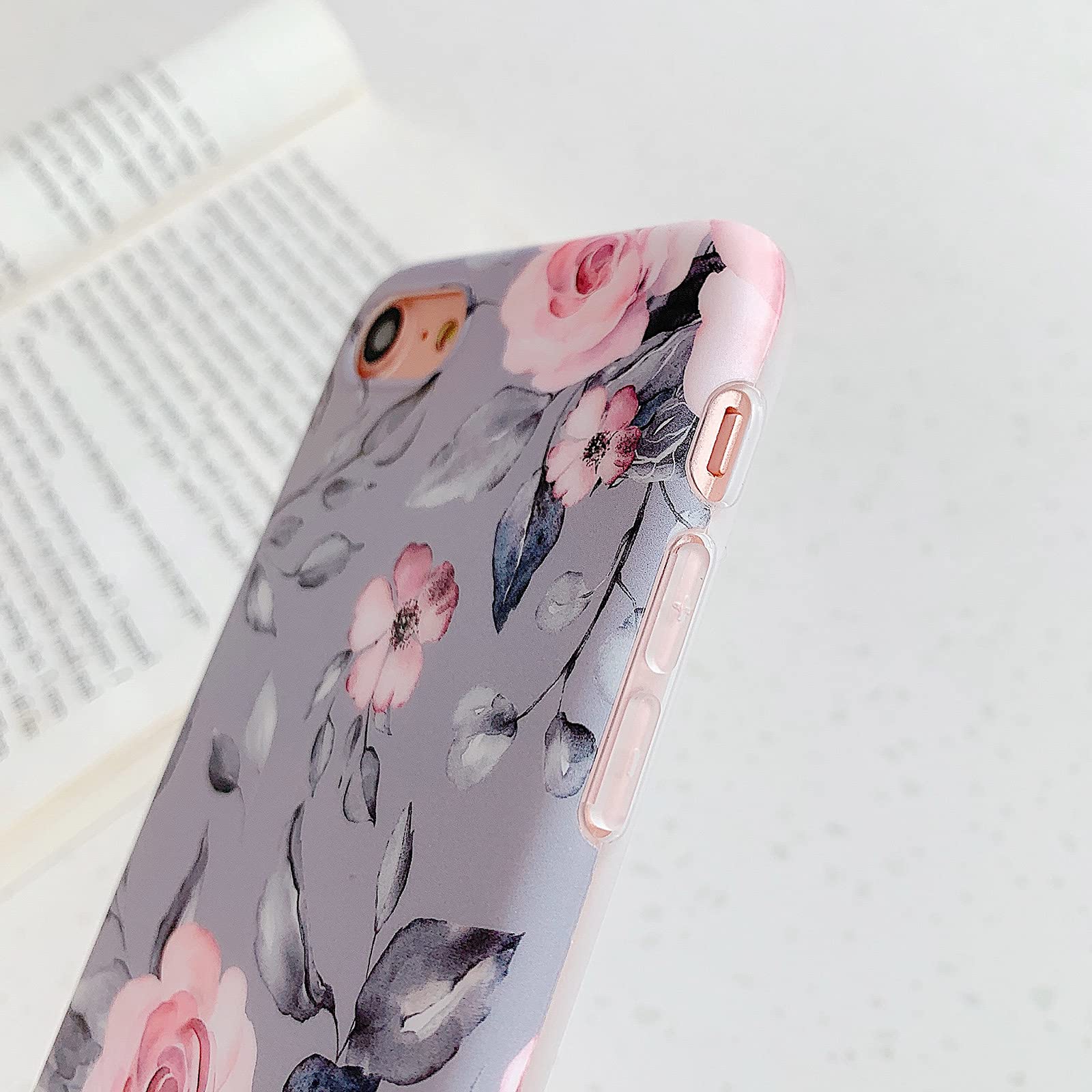 YeLoveHaw iPhone SE 2020/8/7 Case - Floral Purple Gray Leaves Design, Slim Soft Flexible Protective Cover for Women & Girls | Perfect for Daily Use, Work, School & Travel (Pink Flowers Pattern)