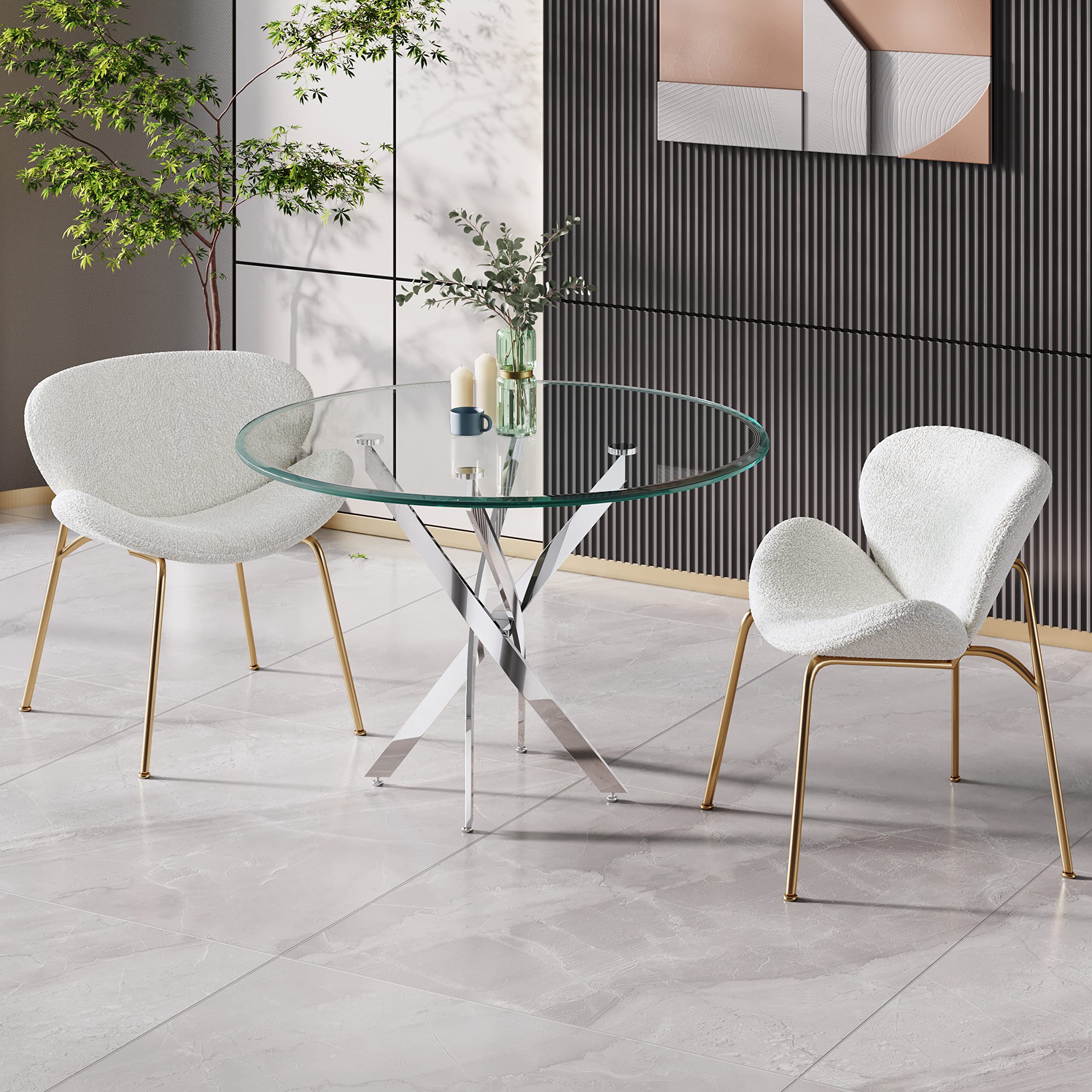 Yoluckea 2-Pack Faux Fur Vanity Chairs - Modern Upholstered Accent Chairs with Gold Metal Legs, Arced Seat & Back - Elegant Makeup Desk Chair & Dining Side Chair for Living Room, Bedroom, Kitchen (White) - Perfect for Vanity Tables, Dining Nooks & Cozy Reading Corners