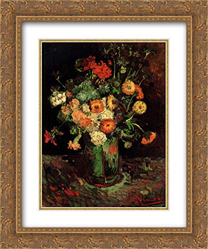 Vincent van Gogh Zinnias and Geraniums Art Print - 20x24 Inch Gold Ornate Framed Wall Decor with Double Matting | Perfect for Living Room, Bedroom & Office Decor