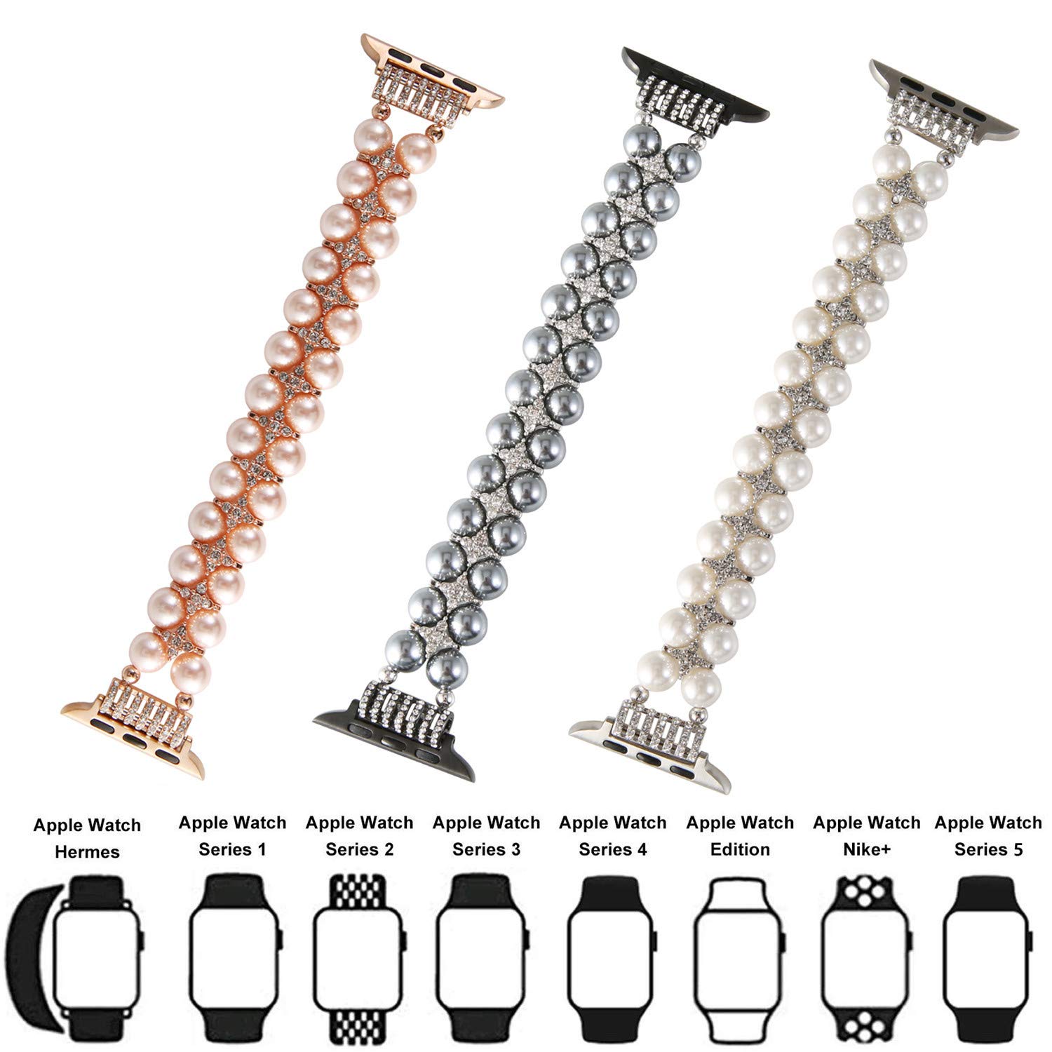 GEMEK Pearl Bracelet for Apple Watch Band 38mm 40mm 41mm 42mm 44mm 45mm 49mm - Compatible with iWatch Series 8 7 6 5 4 3 2 1 - Stretchable Bling Diamond Jewelry Replacement Strap for Women - Perfect for Parties, Weddings & Everyday Fashion Accessories