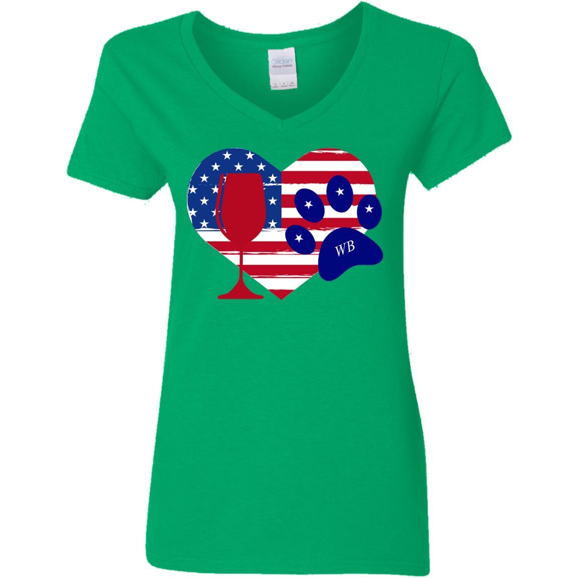 WineyBitches.Co American Wine Paw Heart Ladies' 5.3 oz V-Neck T-Shirt - Perfect for Wine Lovers, Casual Wear & Girls' Night Out