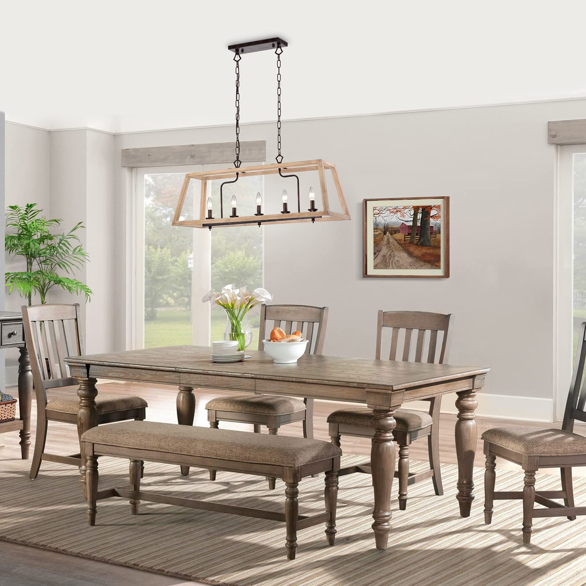 Edvivi 5-Light Rectangular Kitchen Island Chandelier - Farmhouse Ceiling Light Fixture in Antique White Wood & Rust Finish - Rustic Pendant Lighting for Kitchen Island, Dining Room, Breakfast Nook & Farmhouse Decor