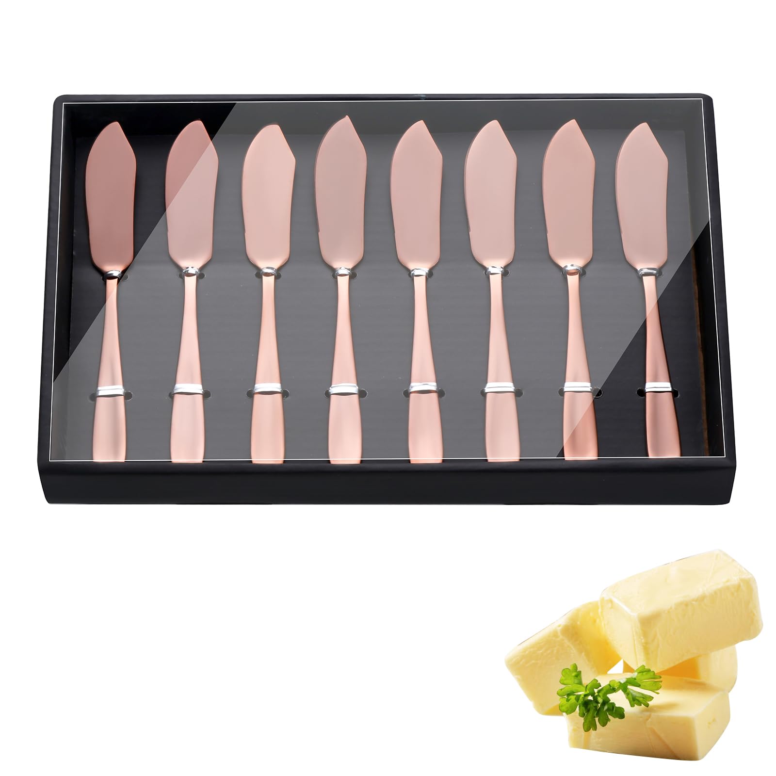 Premium YDware 18/10 Stainless Steel Rose Gold Butter Knives Set - 6.1 Inch Dishwasher Safe Cheese Spreaders (Set of 8) in Elegant Black Gift Box - Perfect for Dinner Parties, Cheese Platters & Wedding Gifts
