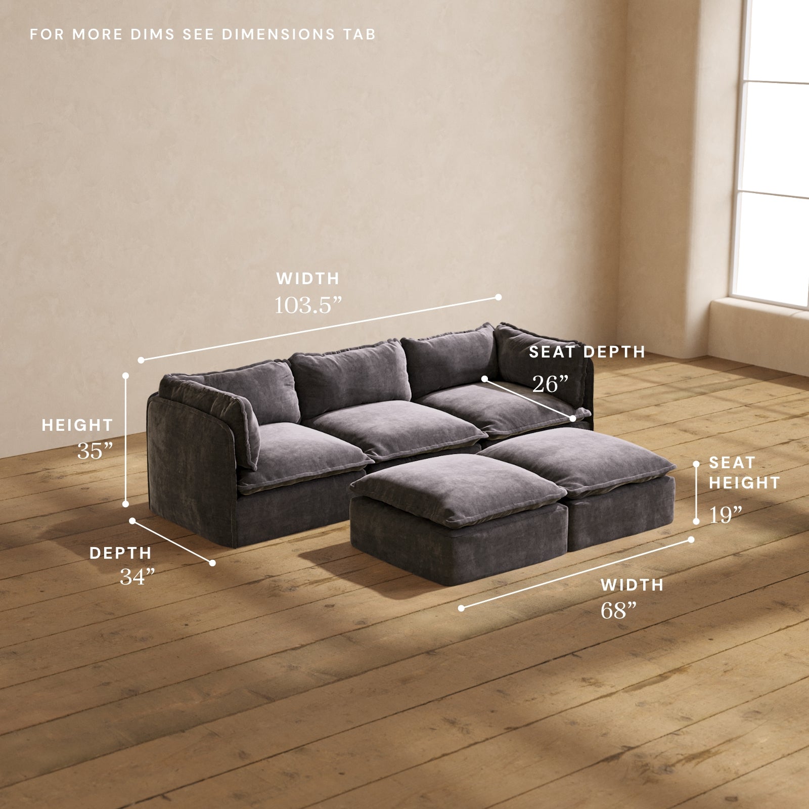 Premium Modular Performance 3-Seater Sofa with Bench Ottoman in Cinder Gray - Deluxe Blend Fabric for Living Room, Lounge & Entertainment Spaces