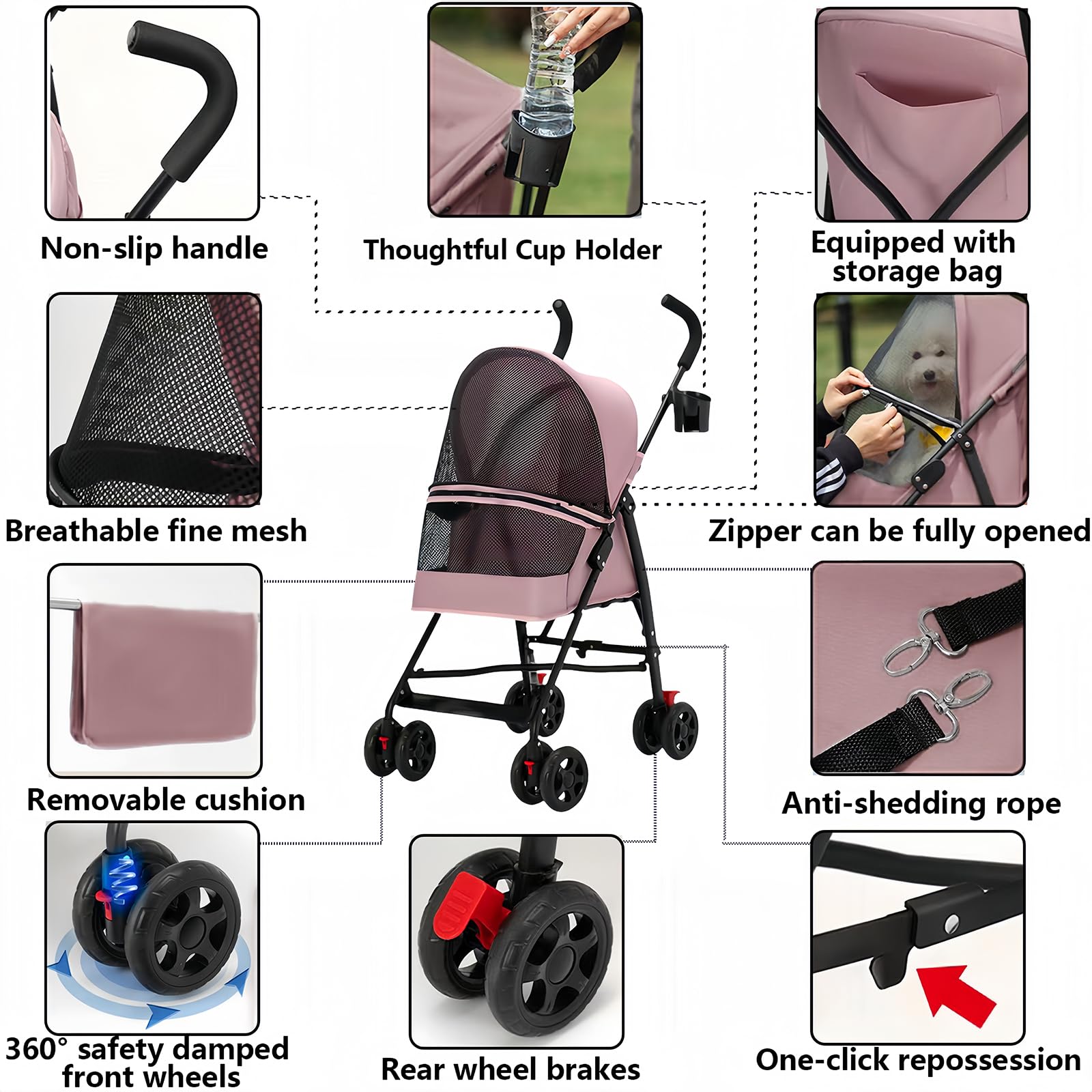 **CYUmail 4-Wheel Foldable Pet Stroller for Small Dogs & Cats - Lightweight, Breathable Mesh, Cup Holder, Pink - Perfect for Walks, Travel & Outdoor Adventures**