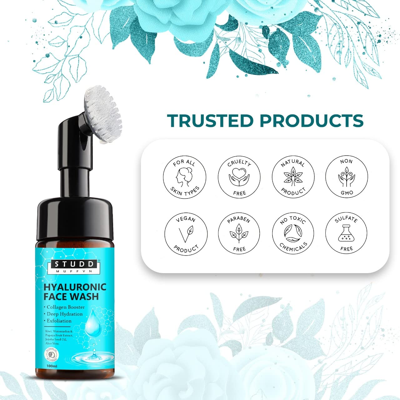 Studd Muffyn Hyaluronic Acid Foaming Face Wash for Men & Women - 100ml | Collagen Boosting Cleanser | Removes Impurities, Toxins & Bacteria | Gentle Daily Facial Cleanser for Acne-Prone & Sensitive Skin | Perfect for Morning & Night Skincare Routine