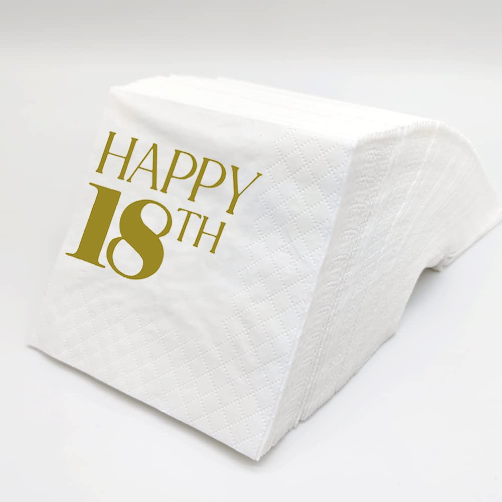SharkBliss 100-Pack Gold Happy 18th Birthday Cocktail Napkins | 2-Ply 5x5 Disposable Beverage Napkins for His/Her 18th Birthday Party Decorations | Perfect for Adult Milestone Celebrations, Cocktail Receptions & Graduation Parties