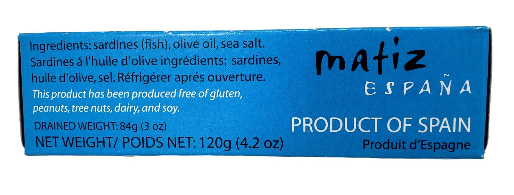 Matiz Sardines in Olive Oil - Wild Caught Spanish Gourmet Canned Fish (Pack of 25, 4.2oz Cans) | High Protein, Natural & Fresh | Perfect for Tapas, Snacks, Meals, Salads & Charcuterie Boards
