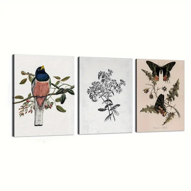 Vintage Style Metal Wall Art - 3pc Set of Birds, Butterflies & Nature Prints - Ready to Hang Home Decor for Living Room, Bedroom & Office