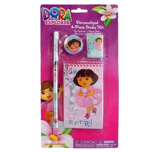 Dora 4-Piece Study Kit with Pencil, Sharpener, Eraser & Memo Pads - Back to School Supplies for Kids - Perfect for Classroom, Homework & Art Projects (66946MZ)