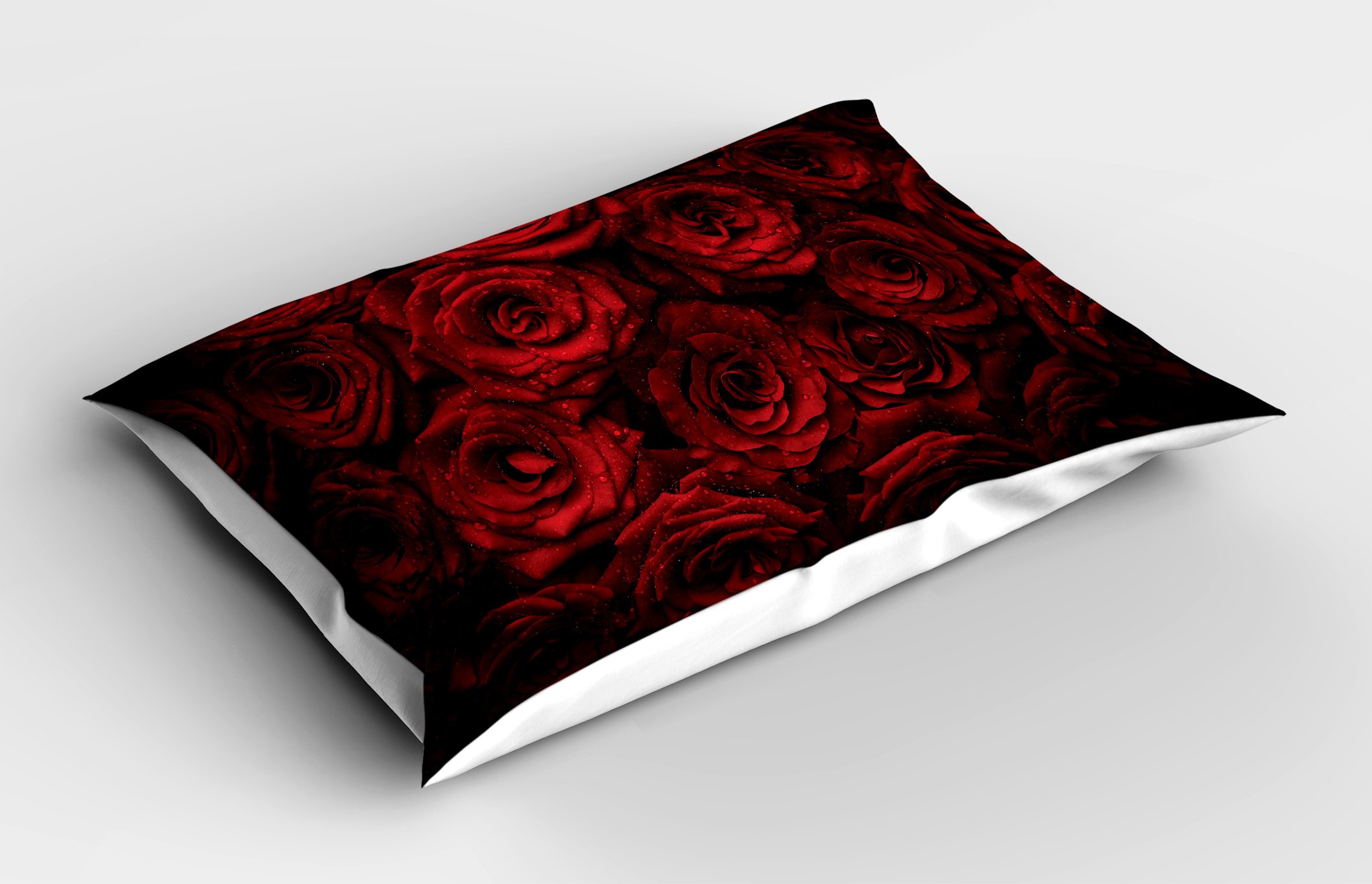 Ambesonne Dark Red Pillow Sham - King Size 36x20 Inch with Blooming Red Roses & Water Drops Design - Decorative Printed Pillowcase for Bedroom, Living Room - Perfect for Valentine's Day, Wedding Decor & Romantic Home Accents