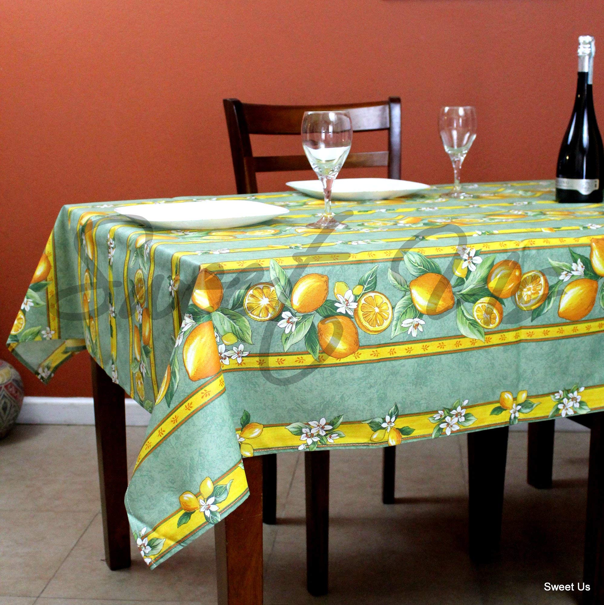 La Cigale Citron Wipeable Spill-Resistant Acrylic Coated Floral Cotton French Provencal Tablecloth - 60 x 116 Inch Green - Perfect for Indoor Dining, Outdoor Picnics & French Country Decor