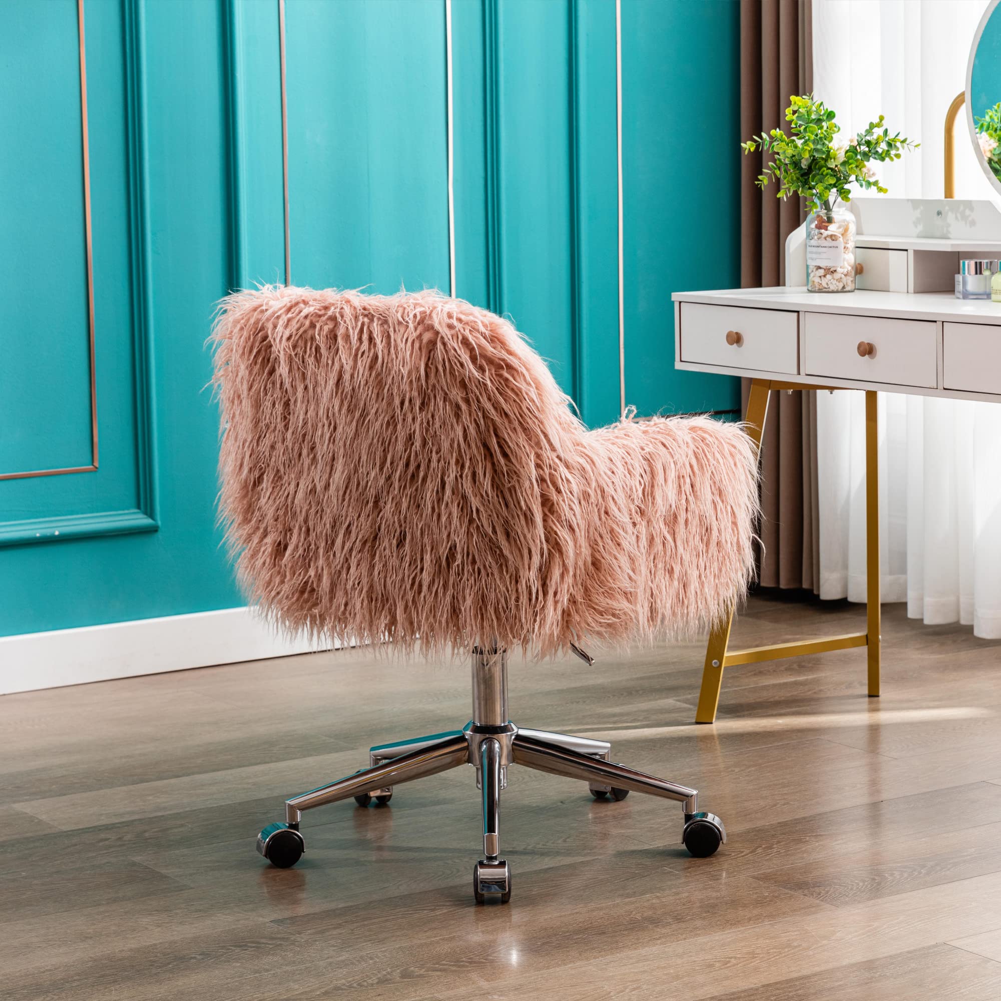 Fluffy Faux Fur Office Desk Chair with Wheels - Modern Swivel Armchair for Women & Girls, Soft Comfy Elegant Accent Makeup Vanity Chair for Home, Bedroom, Dressing Room - Perfect for Work, Study & Beauty Routine (Pink)