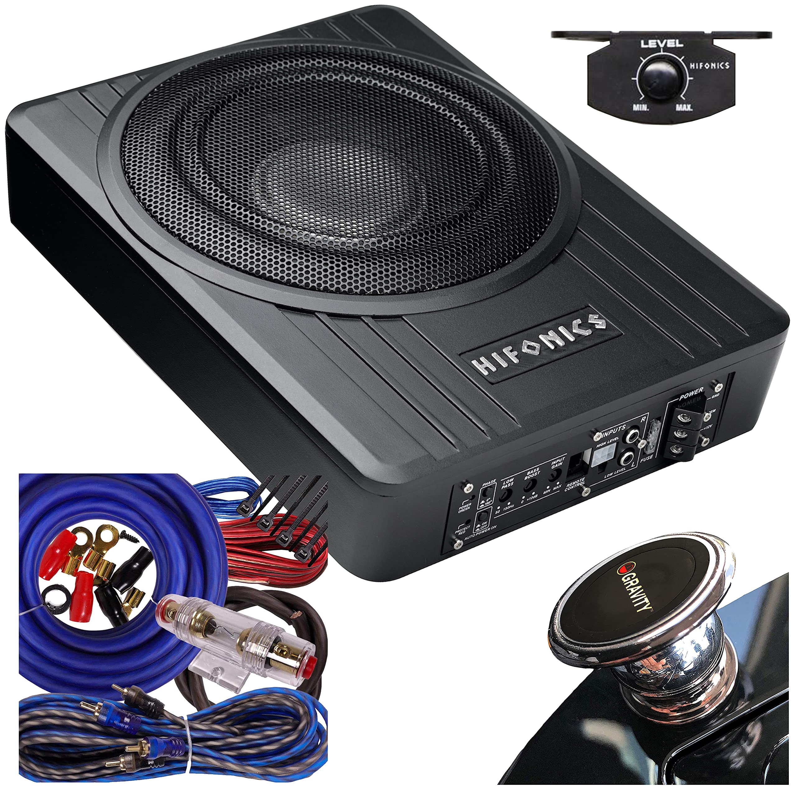 Hifonics Brutus BW-110A 800W Compact Amplified Under-Seat Car Subwoofer with Bass Remote, 4 Gauge Wiring Kit & Phone Holder - Low Profile Truck Audio System for Powerful Bass (Black) | Perfect for Pickup Trucks, SUVs & Custom Car Audio Setups