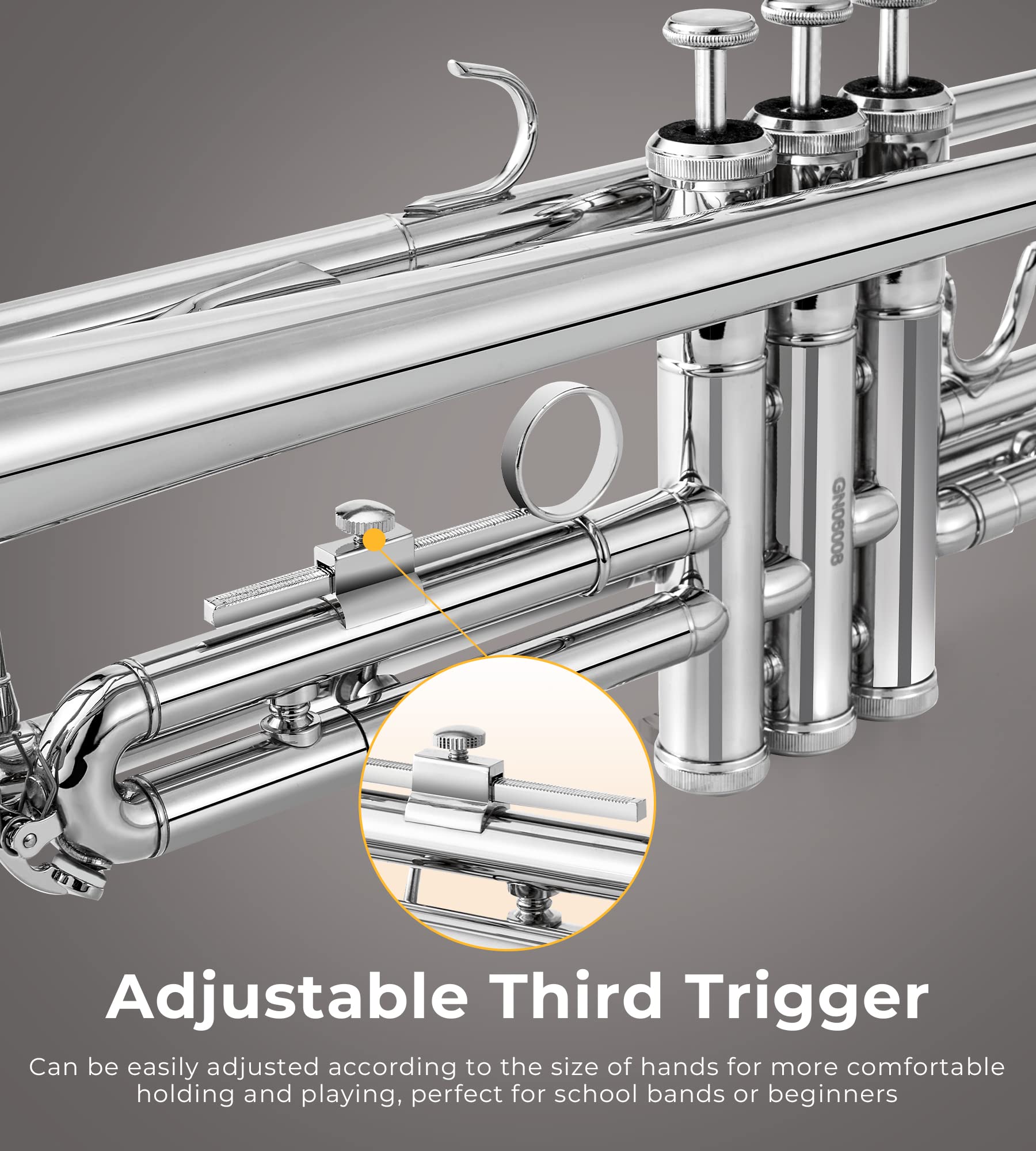 Vangoa Bb Standard Trumpet - Professional Brass Silver Student Trumpet Instrument for School Band & Orchestra | Beginner & Adult Players | Includes Hard Case, Cleaning Kit, Stand, 7C Mouthpiece, Gloves & Valve Oil | Perfect for Music Lessons, Performances & Practice Sessions