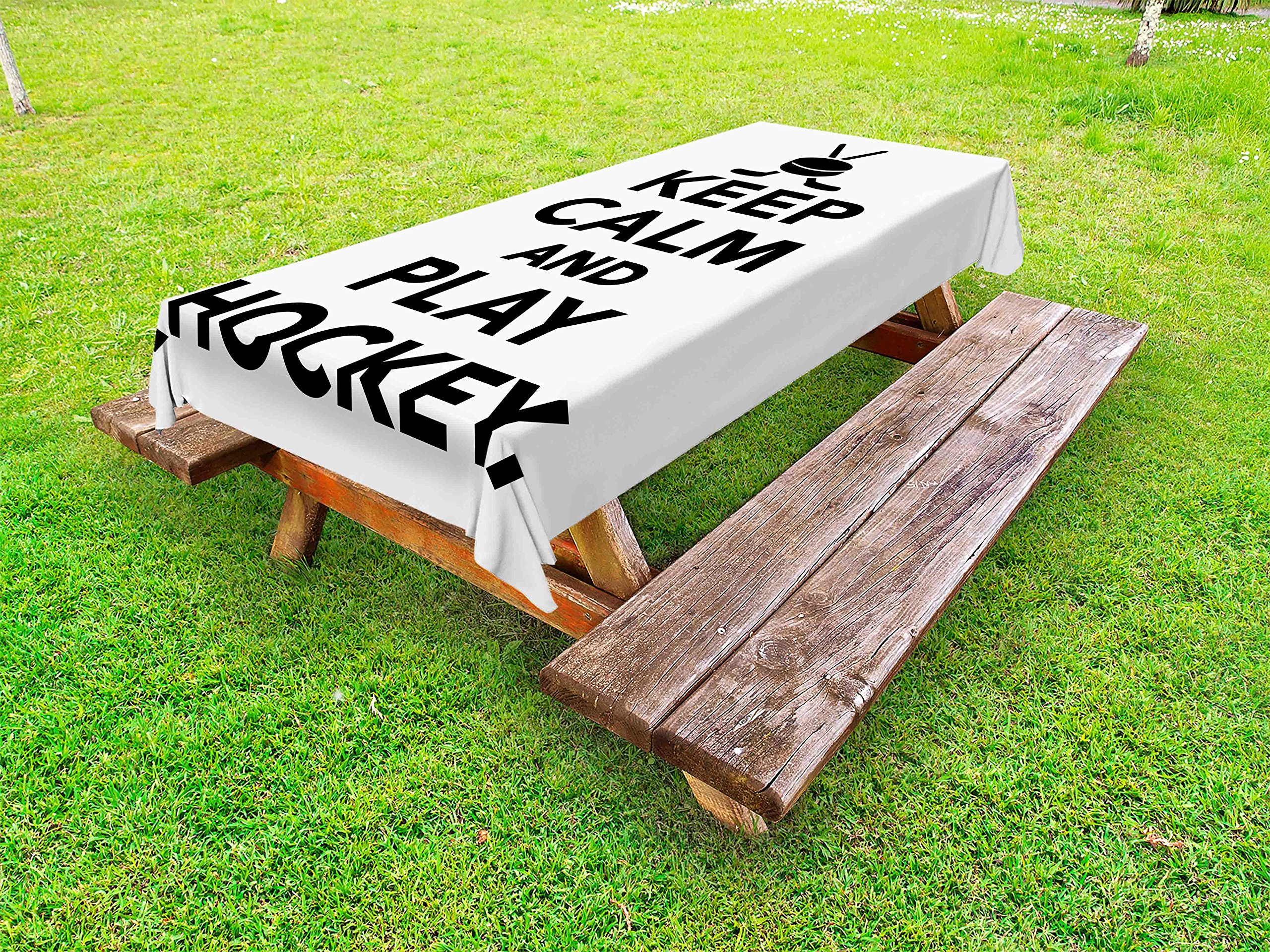 Ambesonne Hockey Themed Outdoor Tablecloth – Keep Calm and Play Hockey Design with Sticks in Black & White – Waterproof Washable Picnic Table Cover 58x120 Inches – Perfect for Sports Parties, Game Nights & Outdoor Gatherings