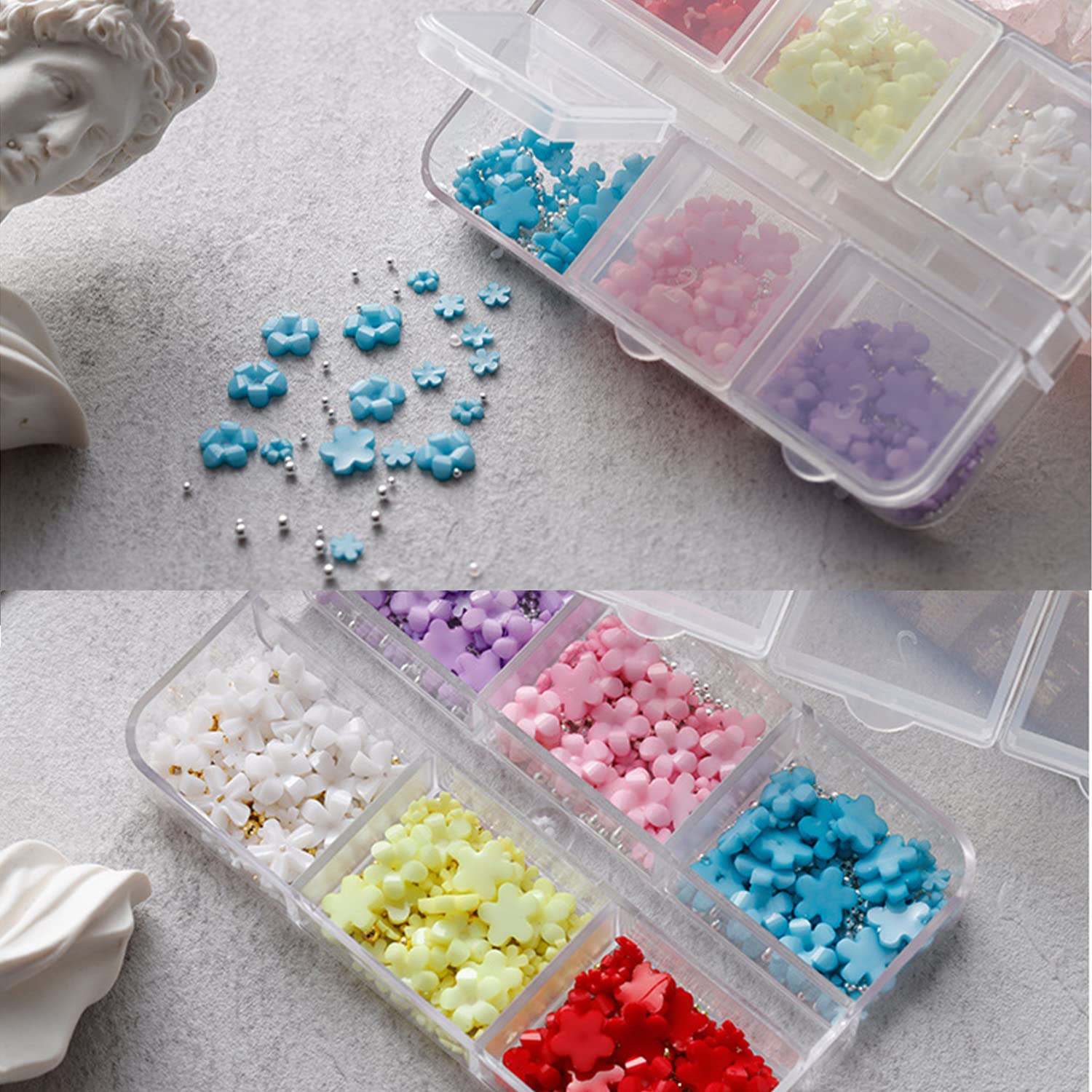 6 Grids Acrylic Flower Nail Charms with Silver/Gold Caviar Beads - Cherry Blossom Spring Nail Art Designs with Metal Studs - DIY Manicure Decoration Supplies for Professional & Home Nail Salons - Perfect for Spring Nails, Bridal Manicures & Party Nail Art