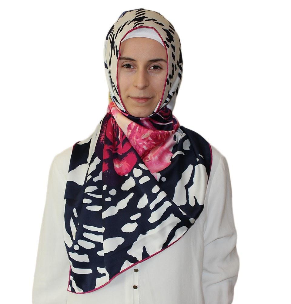 Aker Satin Square Hijab Scarf - Soft & Breathable Muslim Headscarf in Blue & Pink (6648-991) - Perfect for Daily Wear, Prayer & Special Occasions