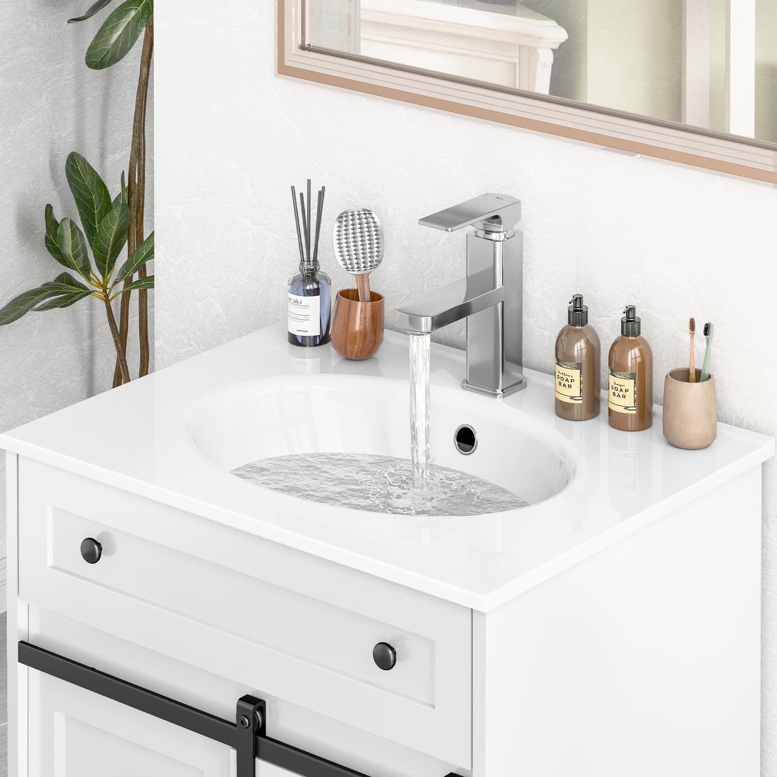 Vabches 48 Inch White Bathroom Vanity with Sink & Matte Silver Faucet - Freestanding Storage Cabinet with 4 Drawers & Sliding Door - Undermount Ceramic Sink for Modern Bathroom Remodel (Perfect for Master Bath, Guest Bath & Small Space Solutions)