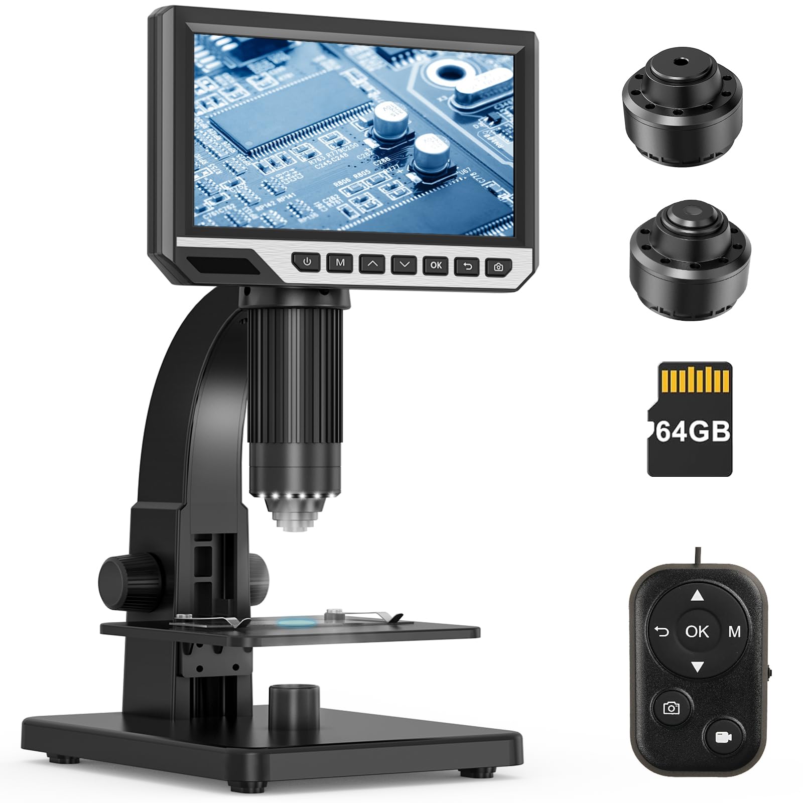 7'' Digital Microscope with 2000x Magnification & 24MP Camera - HDMI USB Microscope with Built-in Screen, 11 Adjustable LED Lights, 64GB Storage, PC Compatible - Perfect for Coin Collecting, Jewelry Inspection, PCB Repair & Science Education
