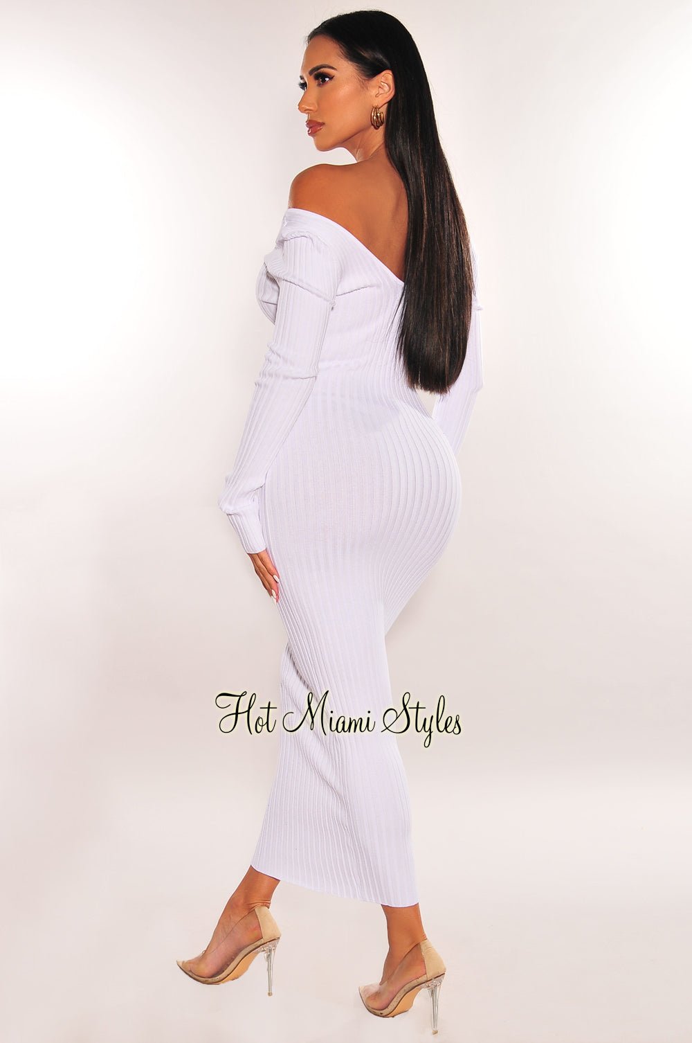 Elegant White Ribbed Knit Long Sleeve Dress for Women - Perfect for Casual Outings, Office Wear & Date Nights