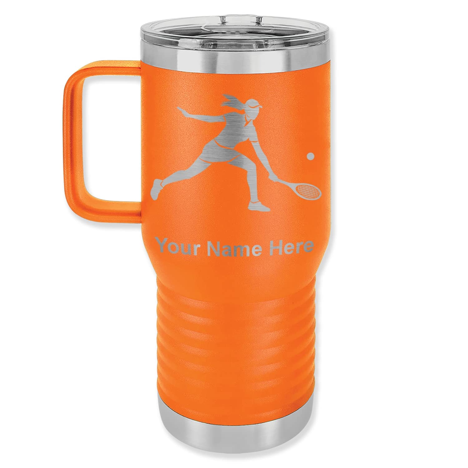 20oz Vacuum Insulated Stainless Steel Travel Mug with Handle - Custom Engraved Tennis Player Design - Keeps Drinks Hot/Cold for Hours - Perfect Gift for Women Athletes & Coffee Lovers (Orange) - Ideal for Gym, Work, Tennis Matches & Outdoor Activities