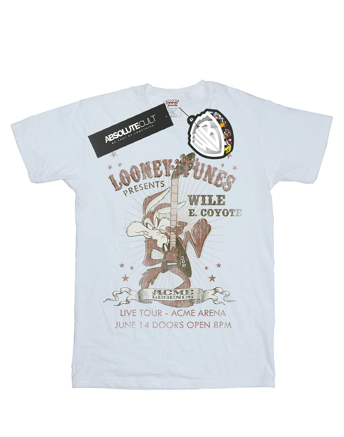 Looney Tunes Wile E Coyote Guitar Graphic T-Shirt for Men - White, Large Size | Casual Wear, Gift for Cartoon Fans, Music Lovers