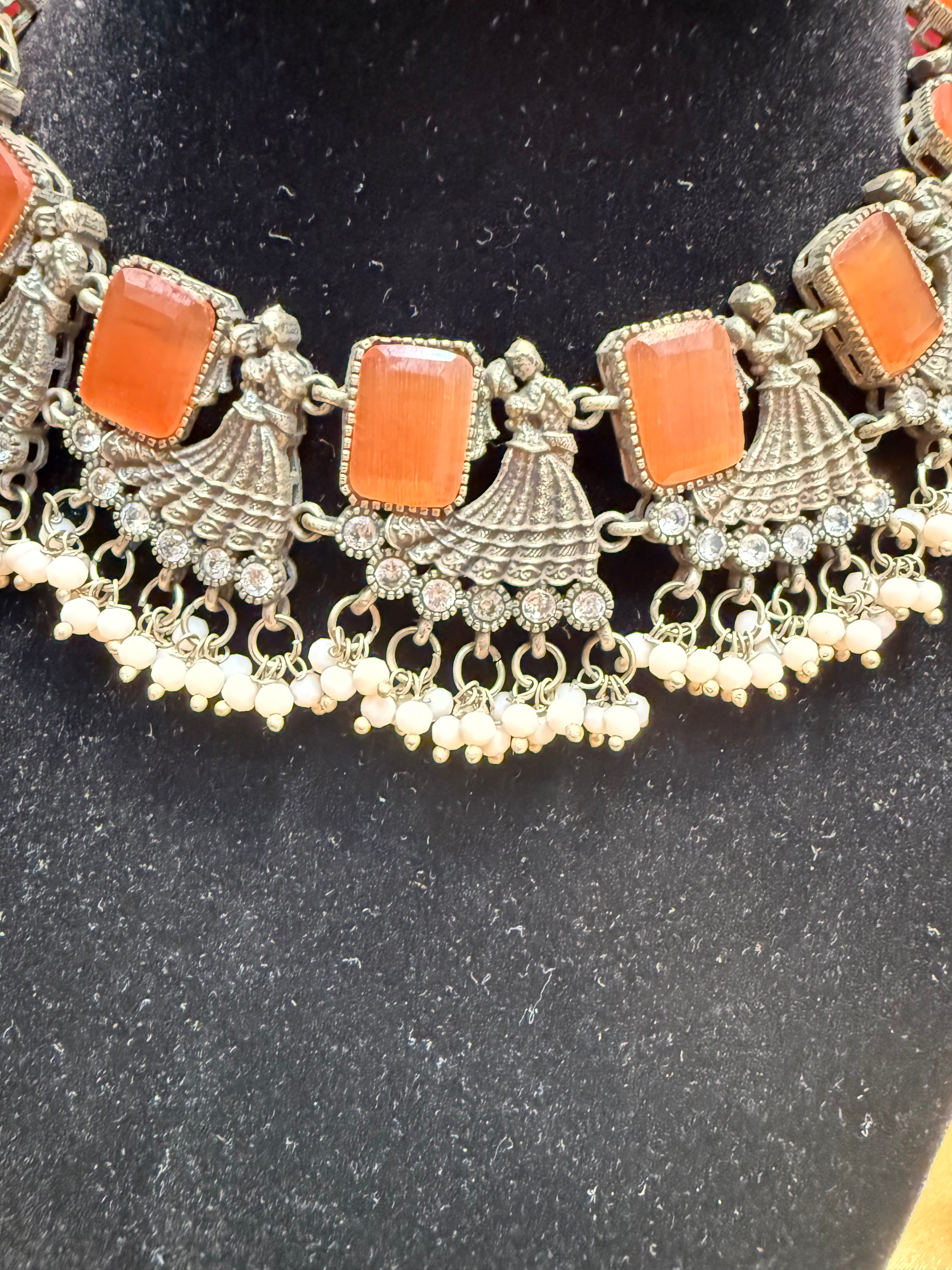 Elegant Pastel Orange Stone Studded Oxidized Designer Necklace for Women | Boho Chic Jewelry Gift for Her | Perfect for Date Night, Weddings & Special Occasions