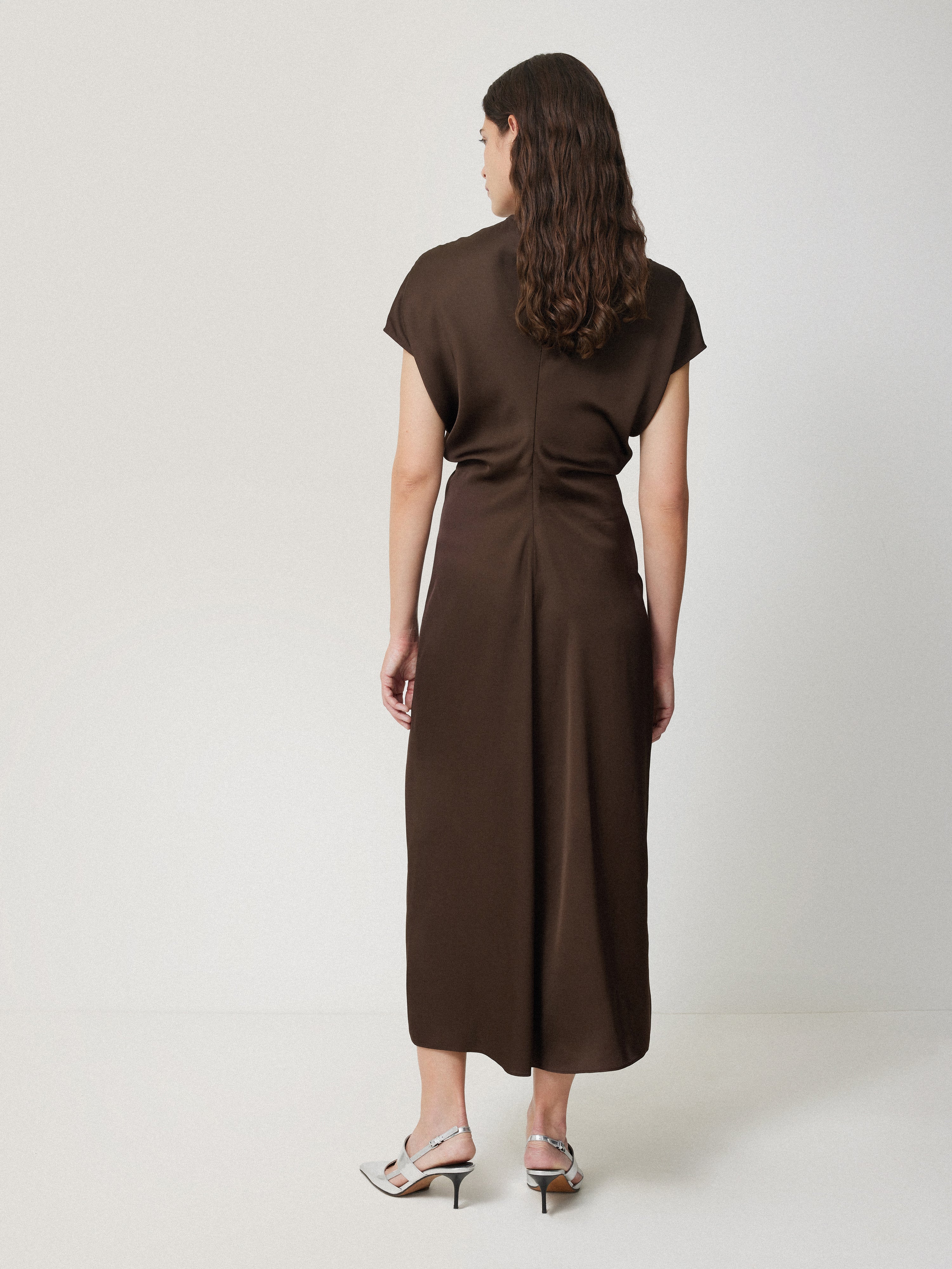 Elegant Satin Crepe Midi Dress in Brown - Perfect for Office Wear, Cocktail Parties & Special Occasions