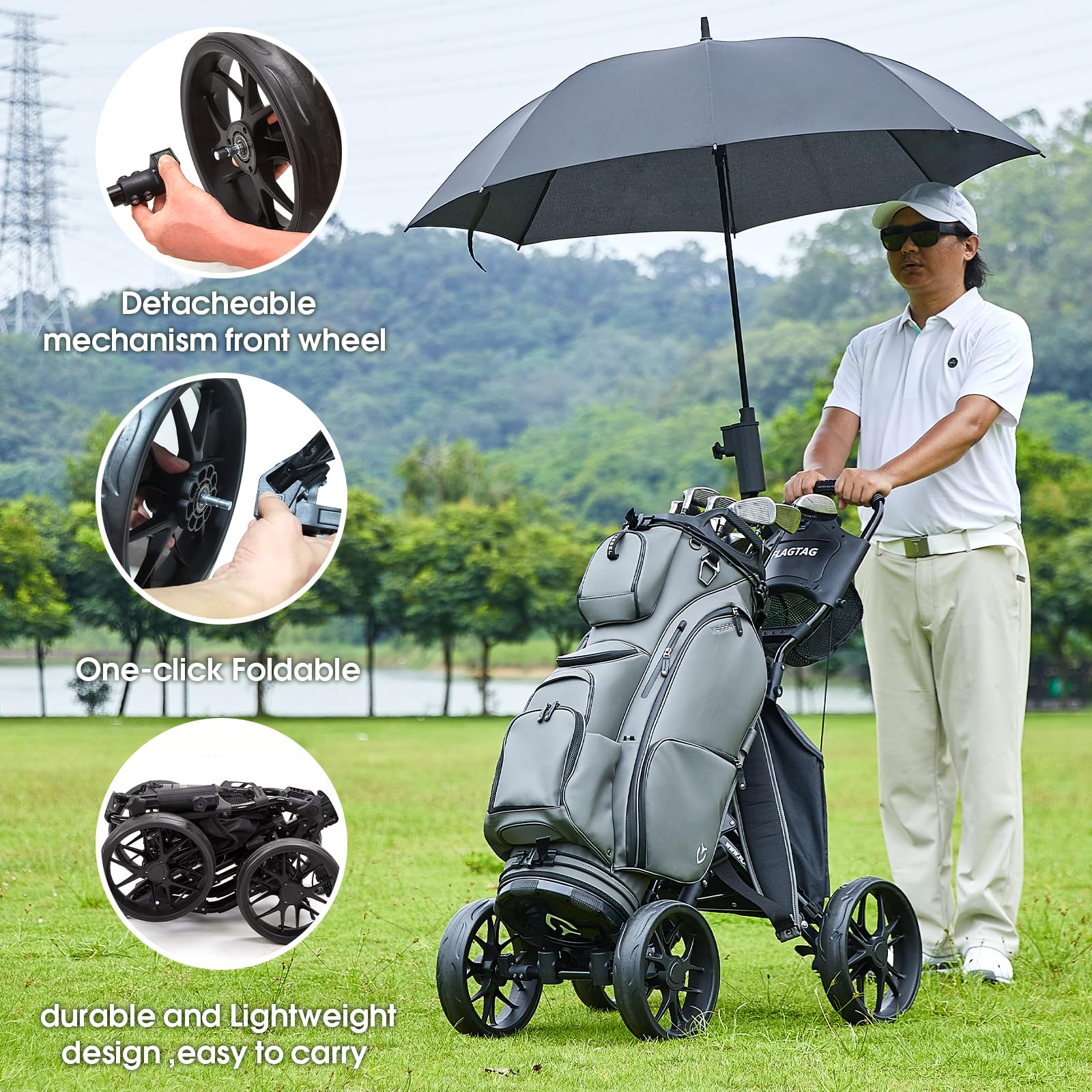 4-Wheel Folding Golf Push Cart with Cup Holder, Umbrella Holder & Cooler Bag - One-Click Foldable Design, Adjustable Handle Height - Perfect for Walking Golfers on the Course or Driving Range
