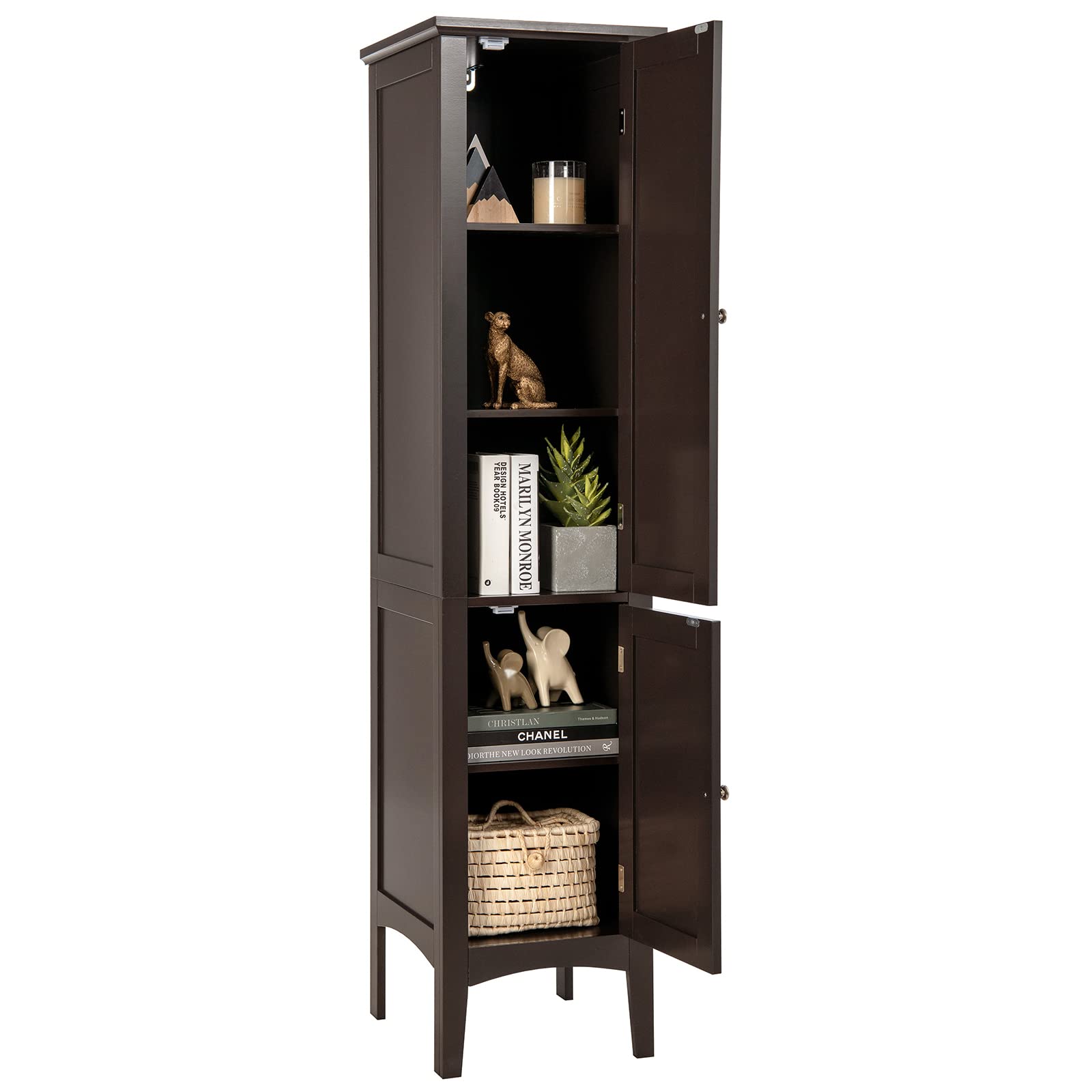 Tangkula 5-Tier Tall Bathroom Storage Cabinet - Freestanding Wooden Tower Organizer with 2 Doors & Shelves for Bathroom, Living Room, Kitchen - Narrow Floor Cabinet (Brown) | Perfect for Small Spaces, Apartment Storage & Home Organization
