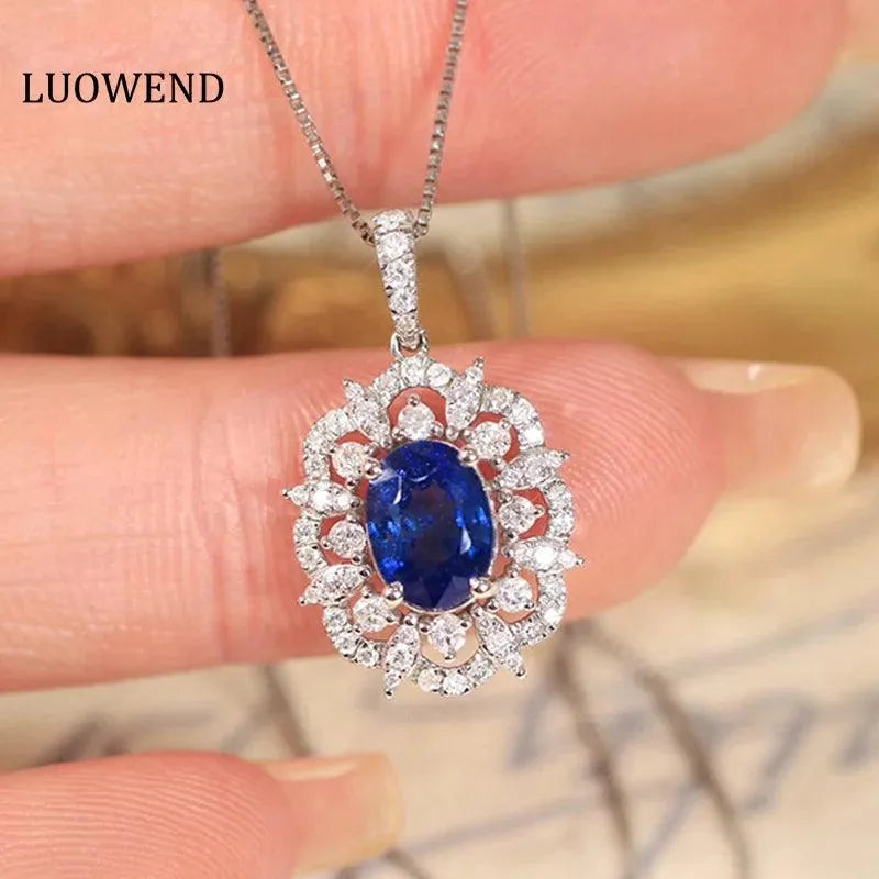 18K White Gold Blue Sapphire Pendant Necklace for Women - Natural Gemstone Diamond Jewelry, Classic & Elegant Gift for Birthday, Anniversary & Special Occasions