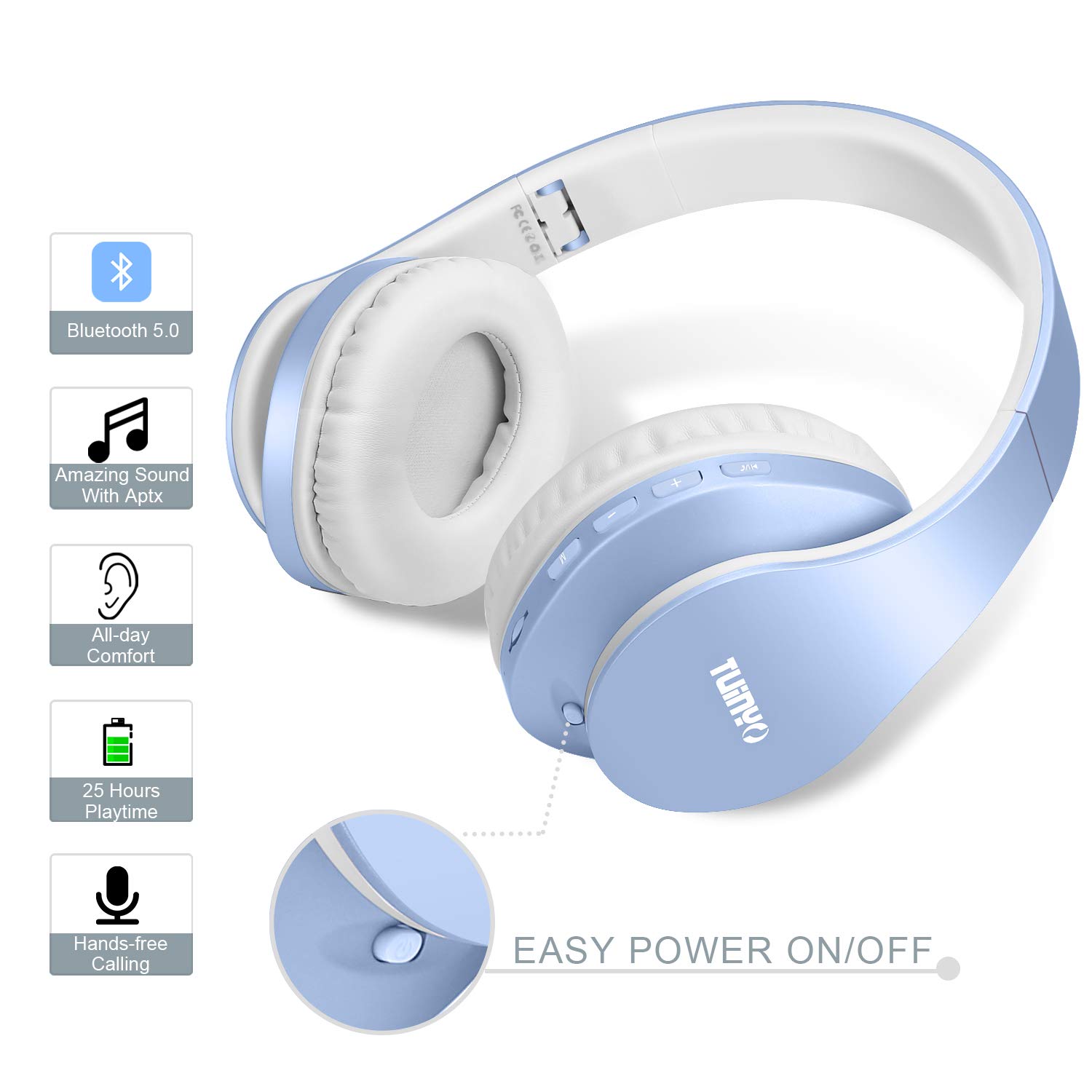TUINYO Wireless Over-Ear Bluetooth Headphones with Microphone, Foldable Stereo Headset with Noise Cancelling - Light Blue | Perfect for Workouts, Travel & Office Use