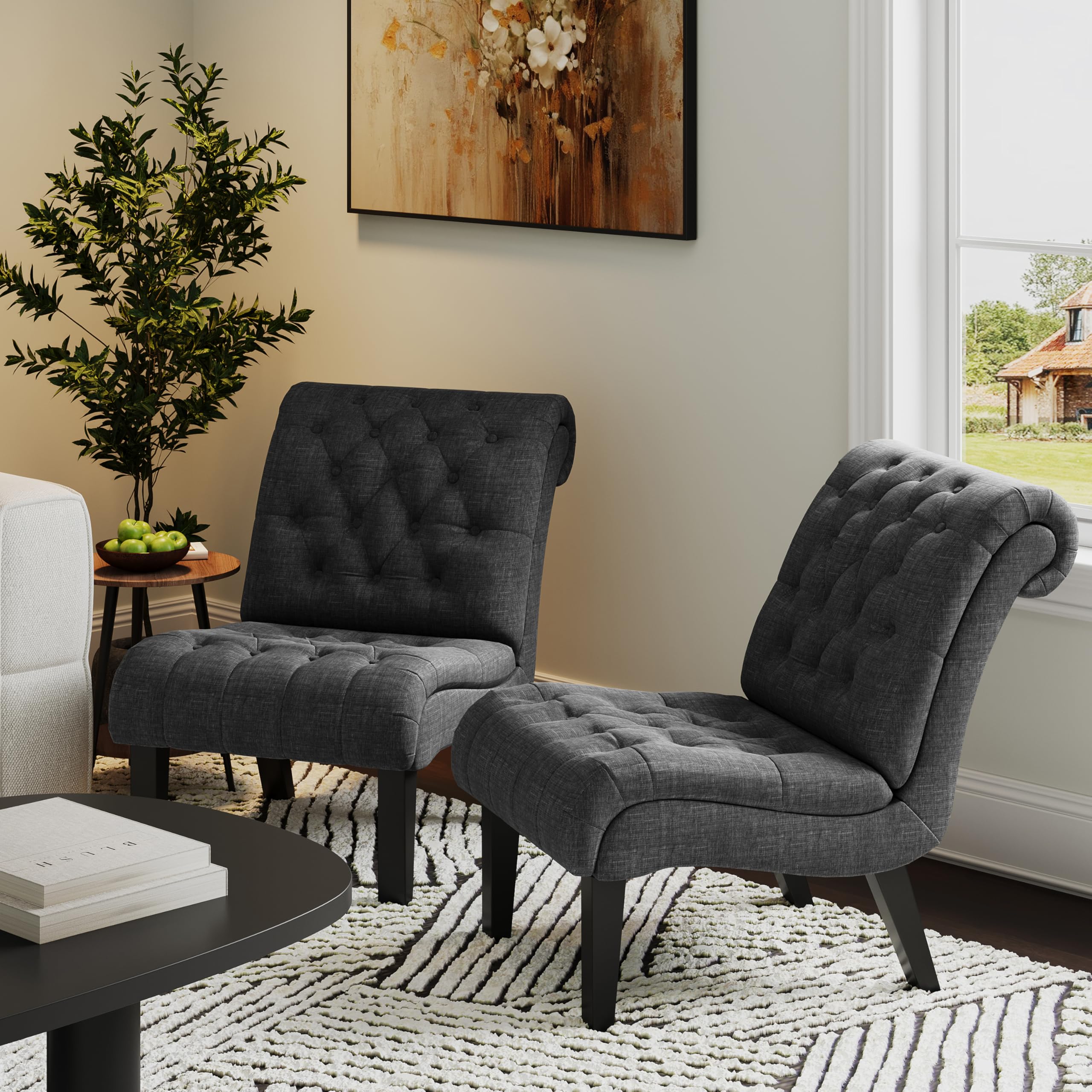 Modern Accent Chair for Living Room & Bedroom - Upholstered Tufted Armless Lounge Chair with Wooden Legs, Grey Fabric Recliner - Perfect for Reading Nook, Home Office, and Small Space Decor