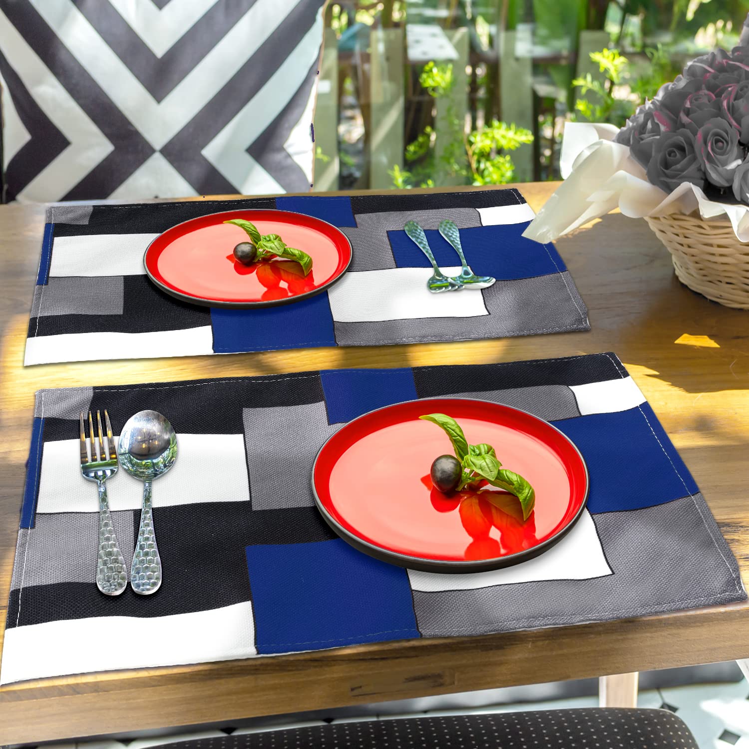 Blue Grey Black White Waterproof Burlap Placemats Set of 4 - 12x18 Inch Geometric Square Washable Dining Table Mats for Kitchen & Home Decor | Perfect for Dinner Parties, Daily Meals, and Holiday Gatherings